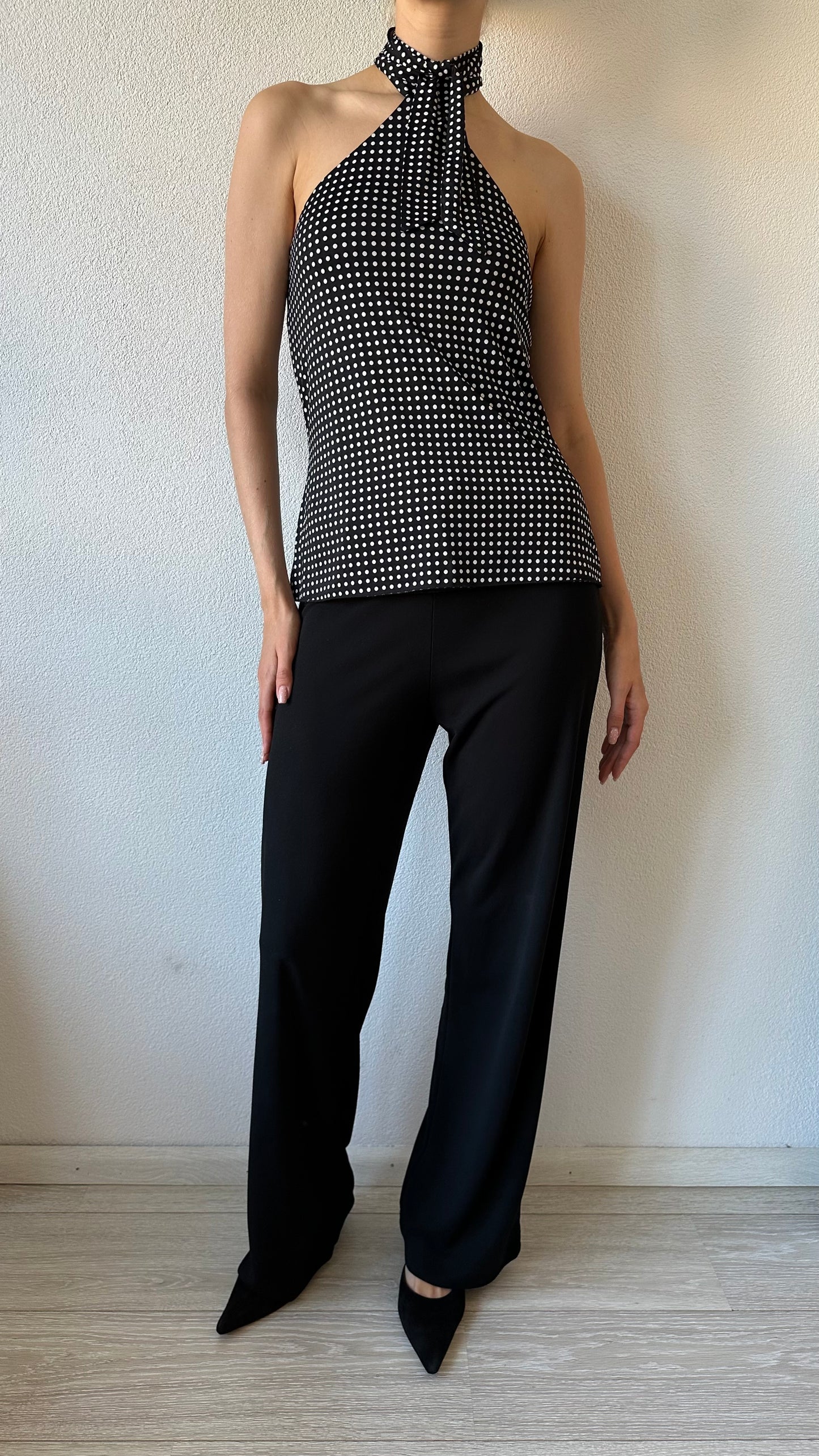 polkadot black and white halter top
