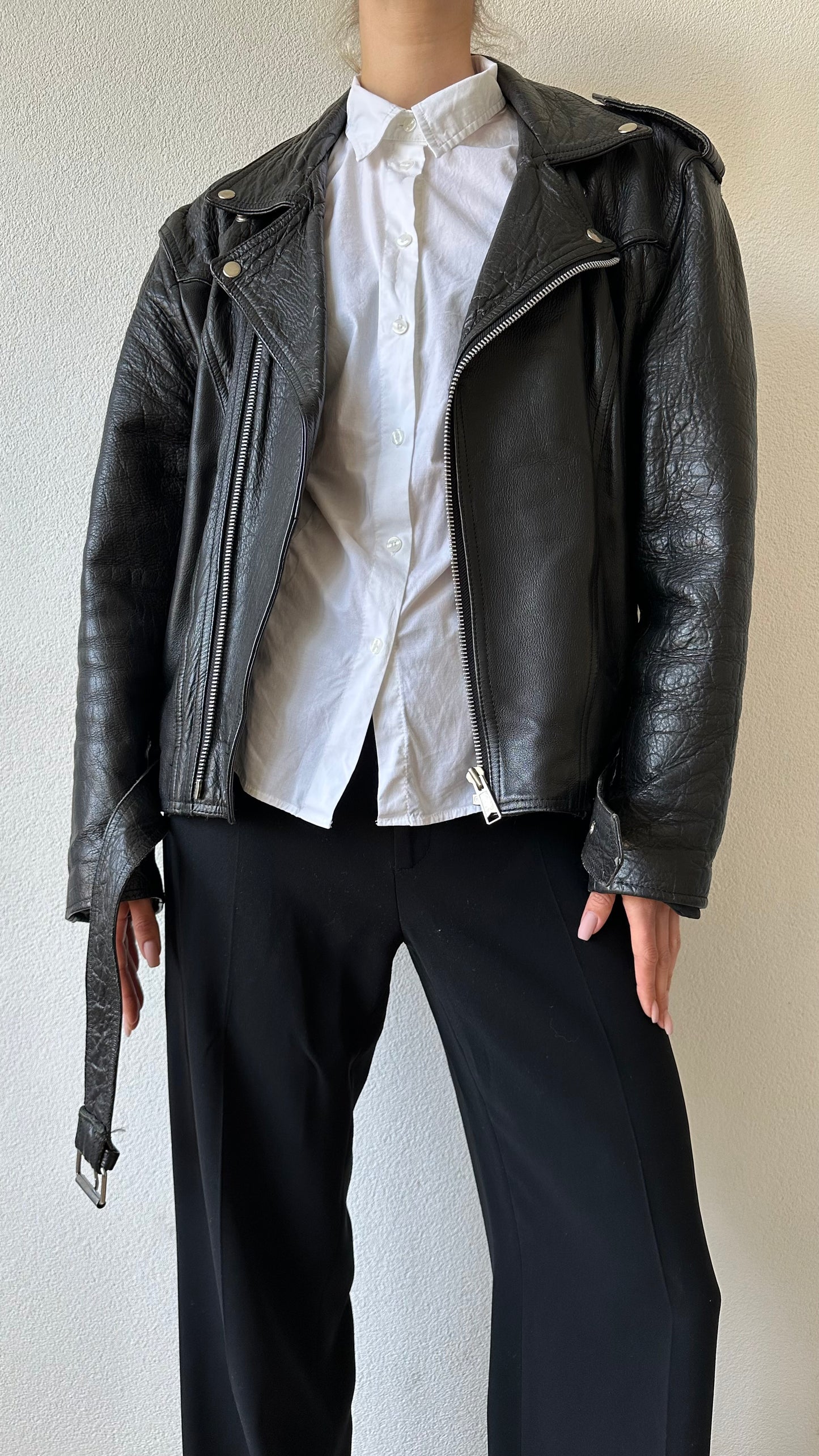 black leather vintage moto jacket