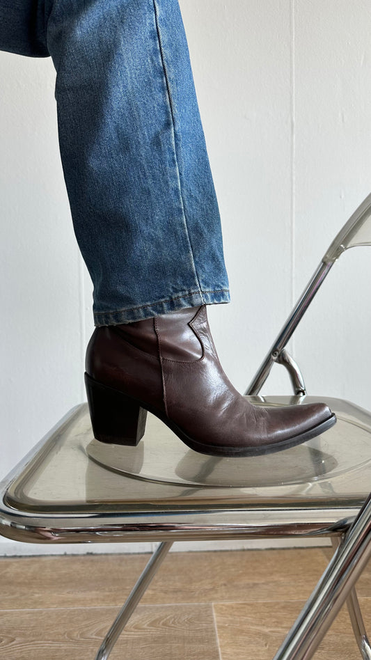 mid century modern walnut leather ankle boots in cowboy style