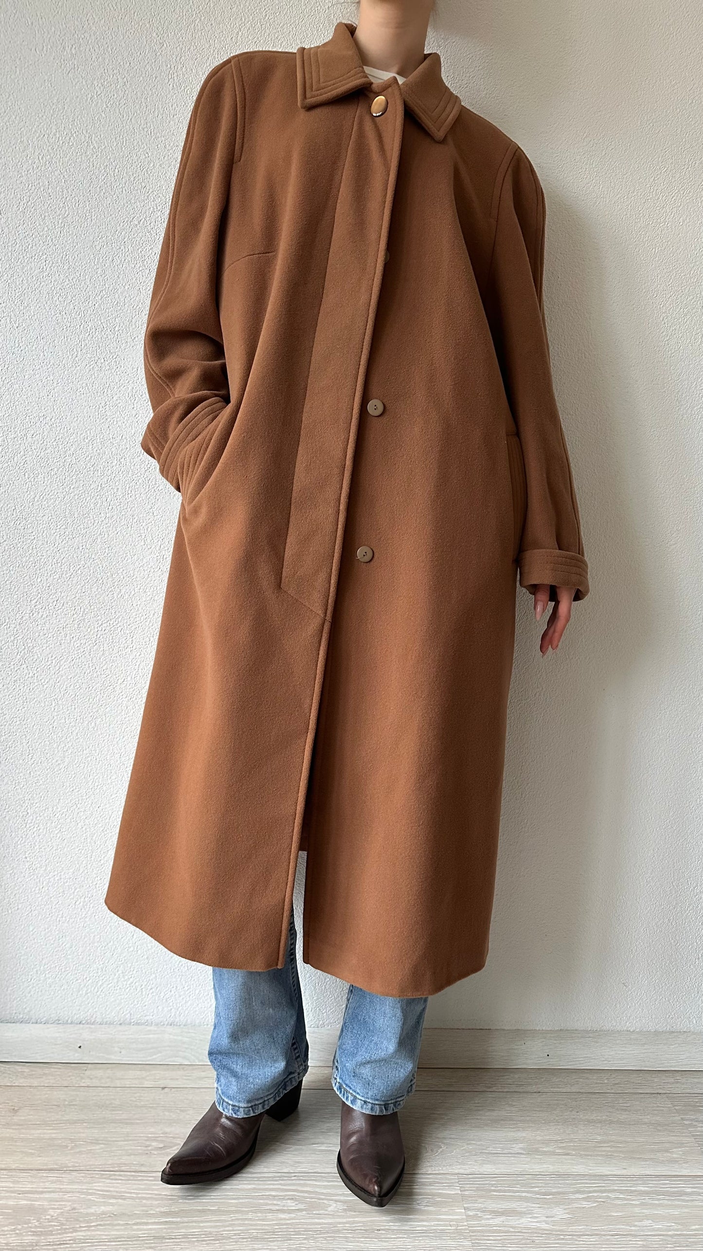 camel brown single breasted wool and cashmere coat