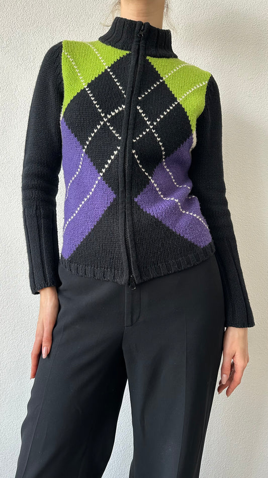 wool diamond pattern zip up cardigan