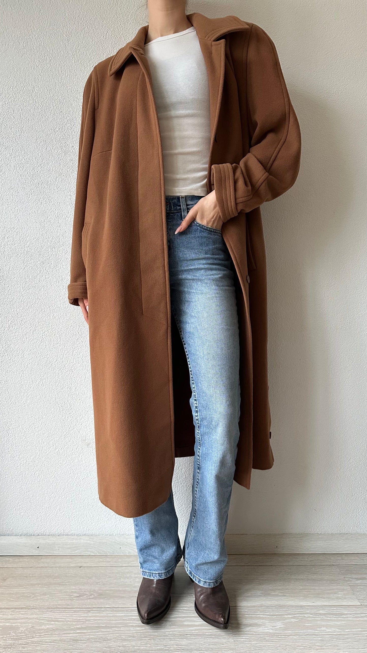 camel brown single breasted wool and cashmere coat