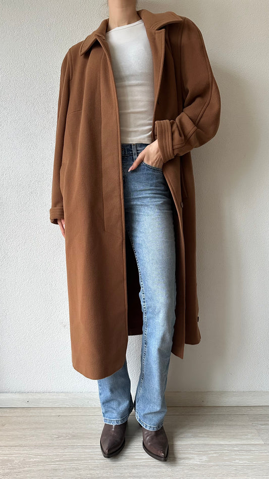camel brown single breasted wool and cashmere coat
