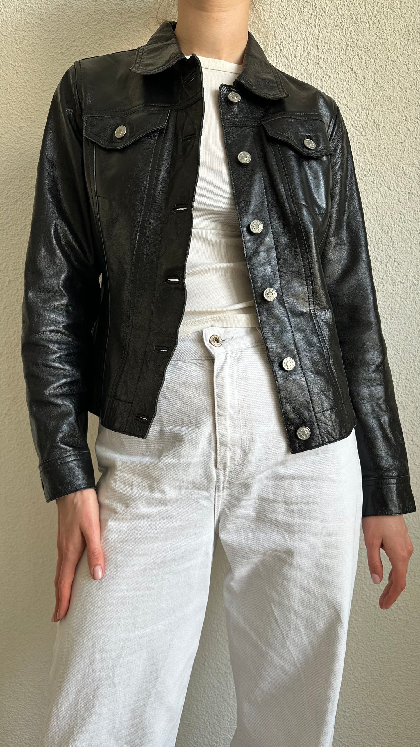 leather black buttoned fitted short coat