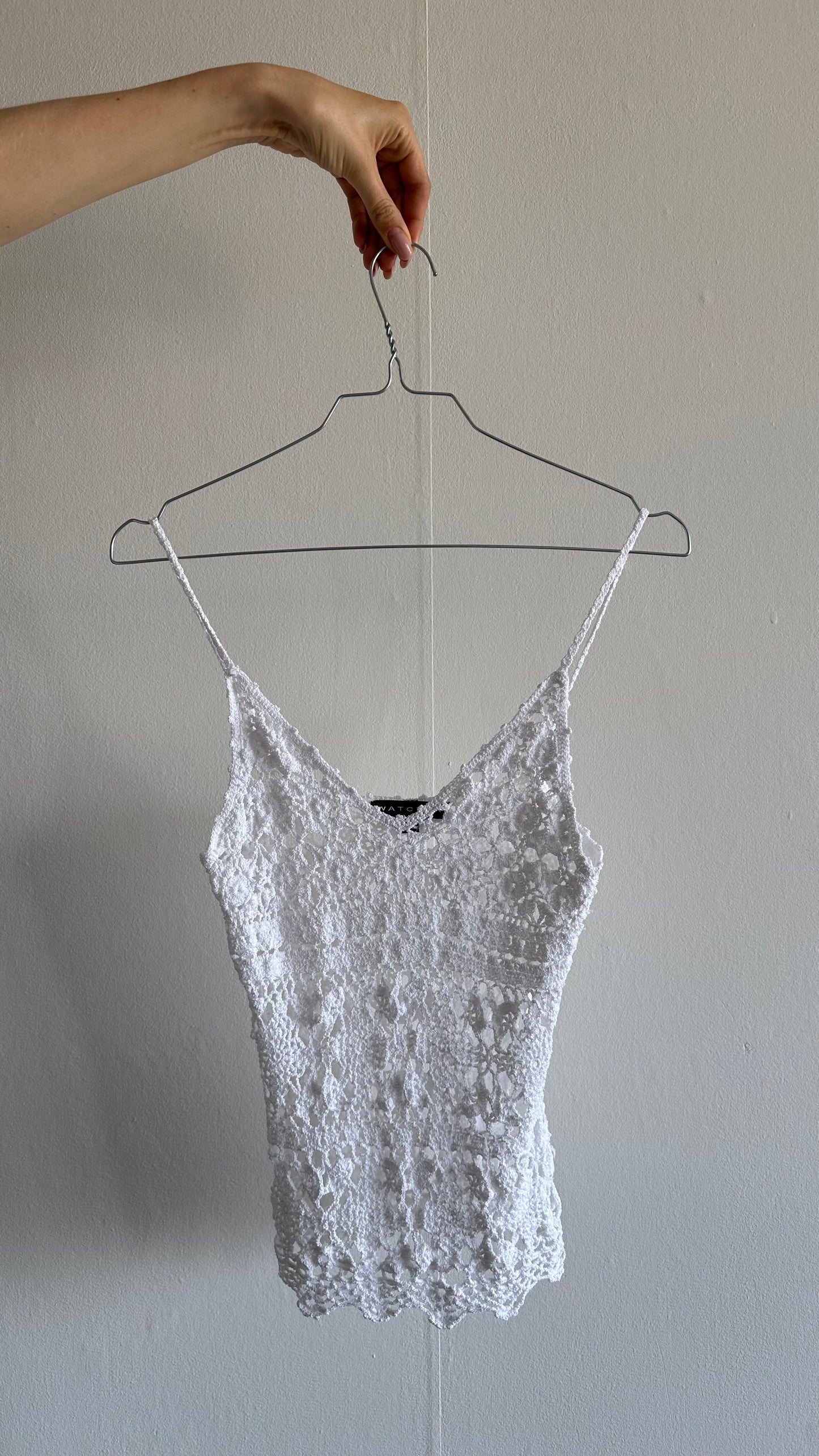 white crochet watcher y2k top