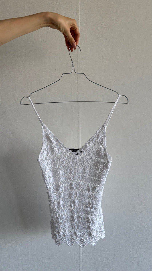 white crochet watcher y2k top