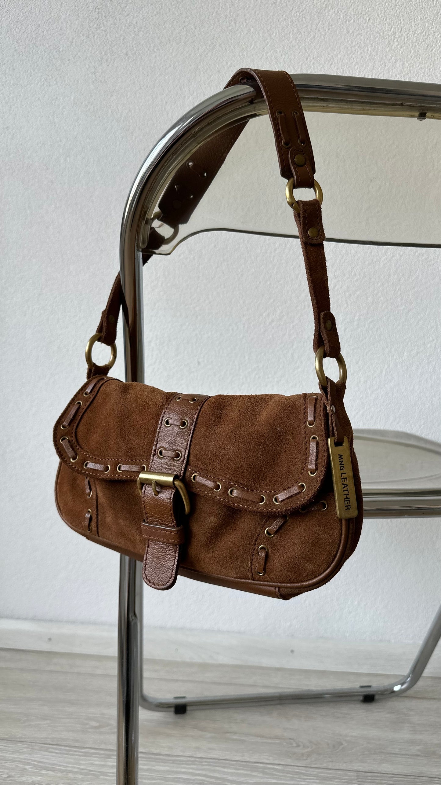 brown suede and leather shoulder bag