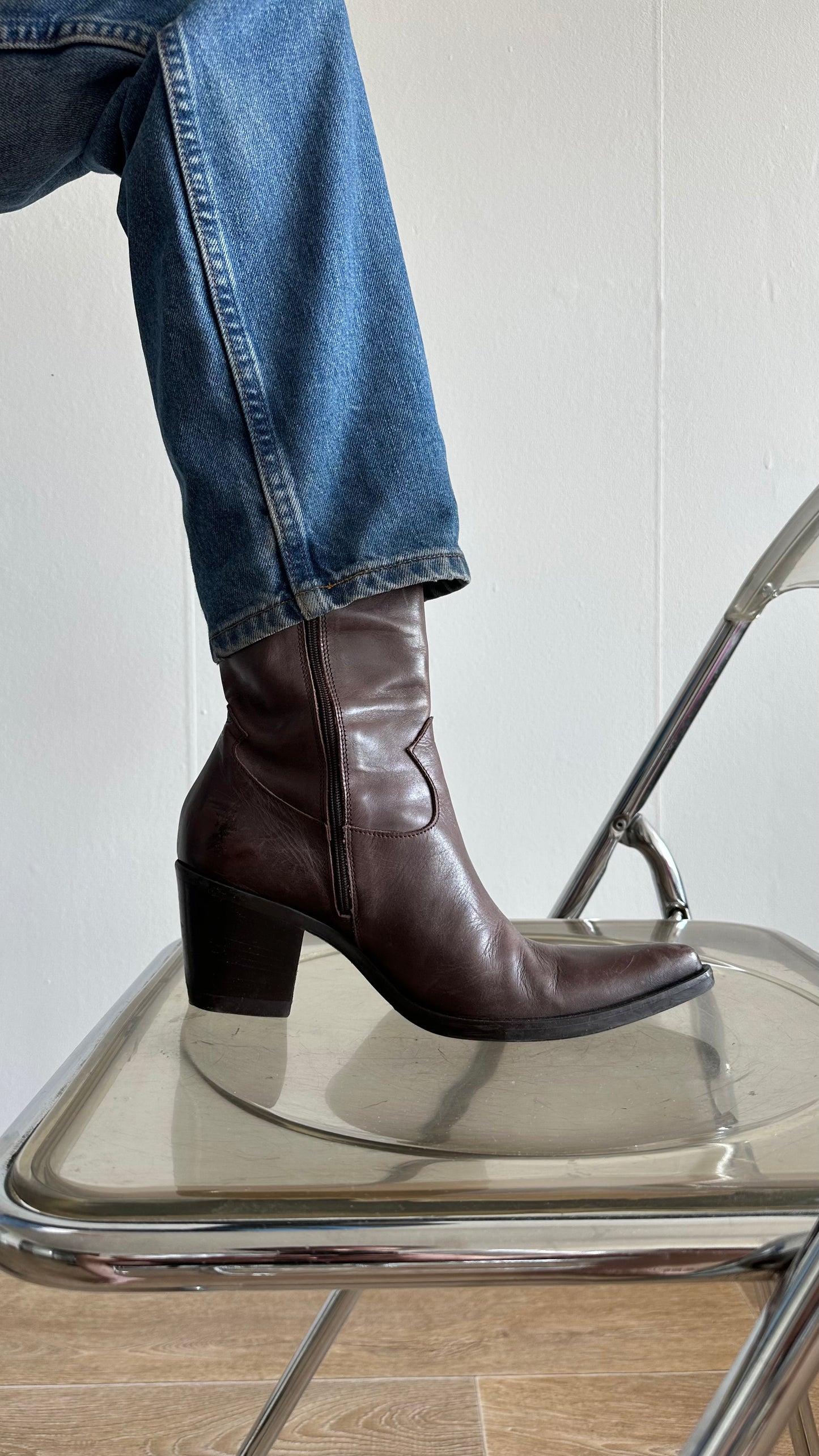 mid century modern walnut leather ankle boots in cowboy style