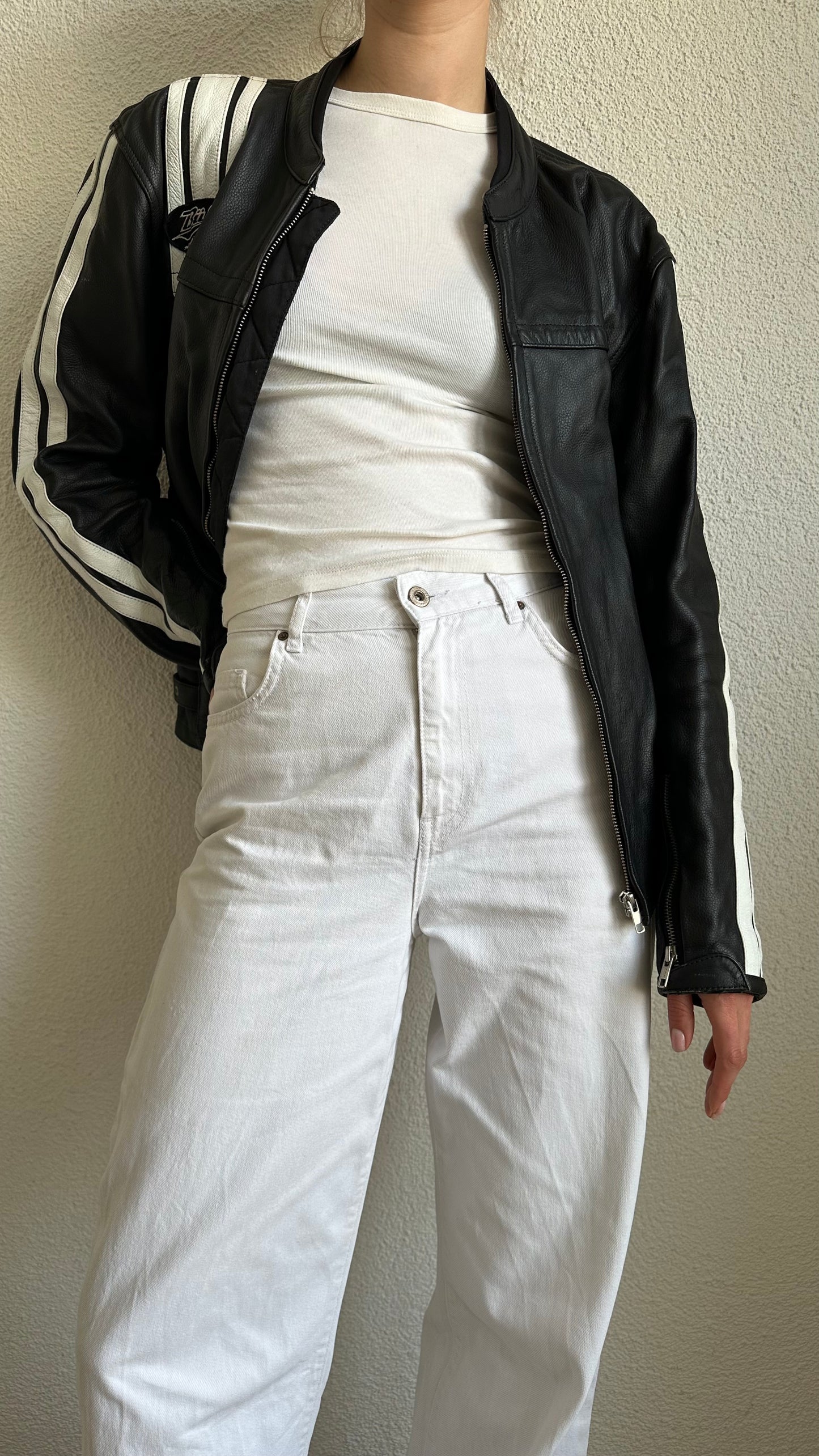 leather black and white race jacket