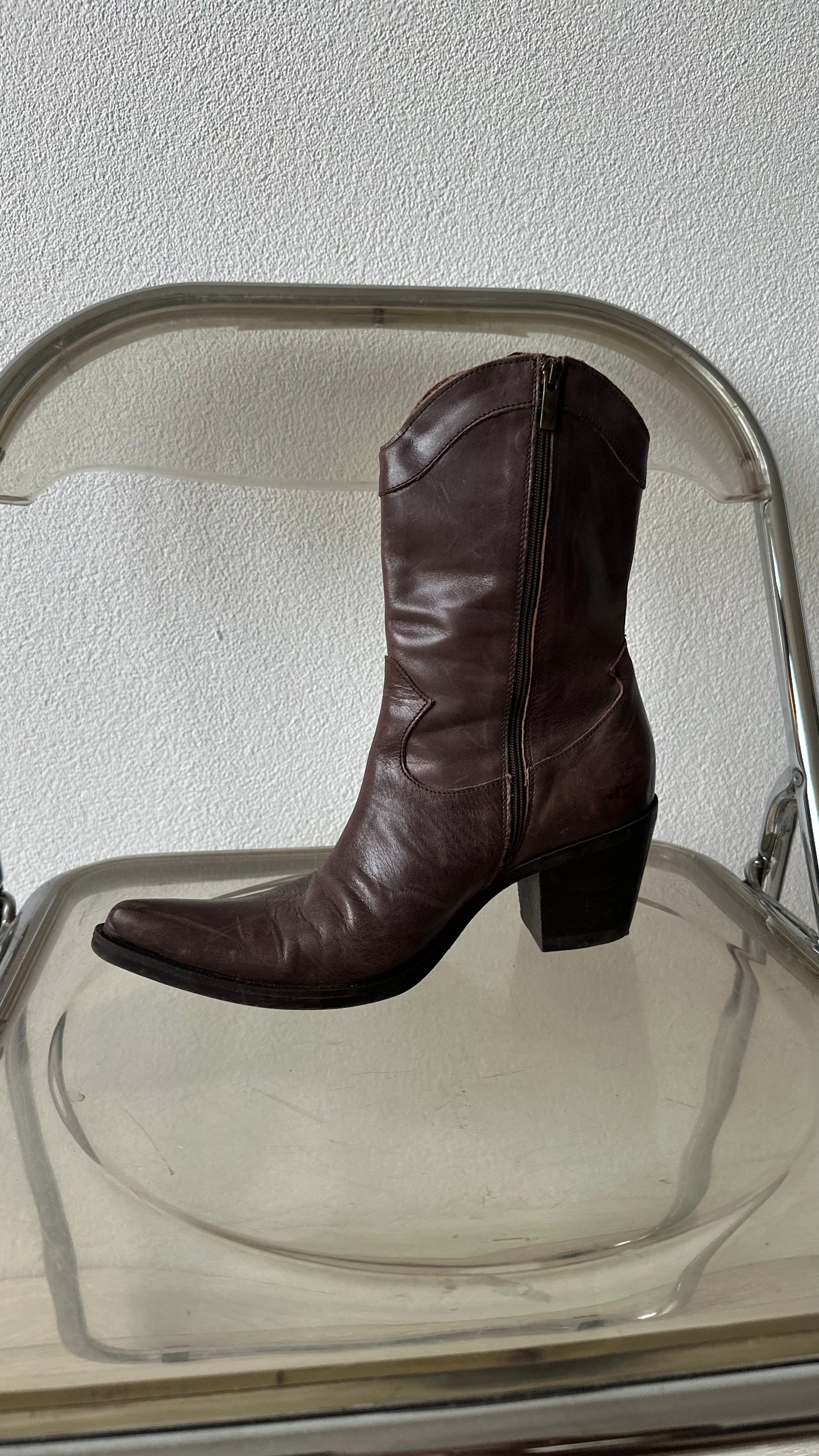 mid century modern walnut leather ankle boots in cowboy style