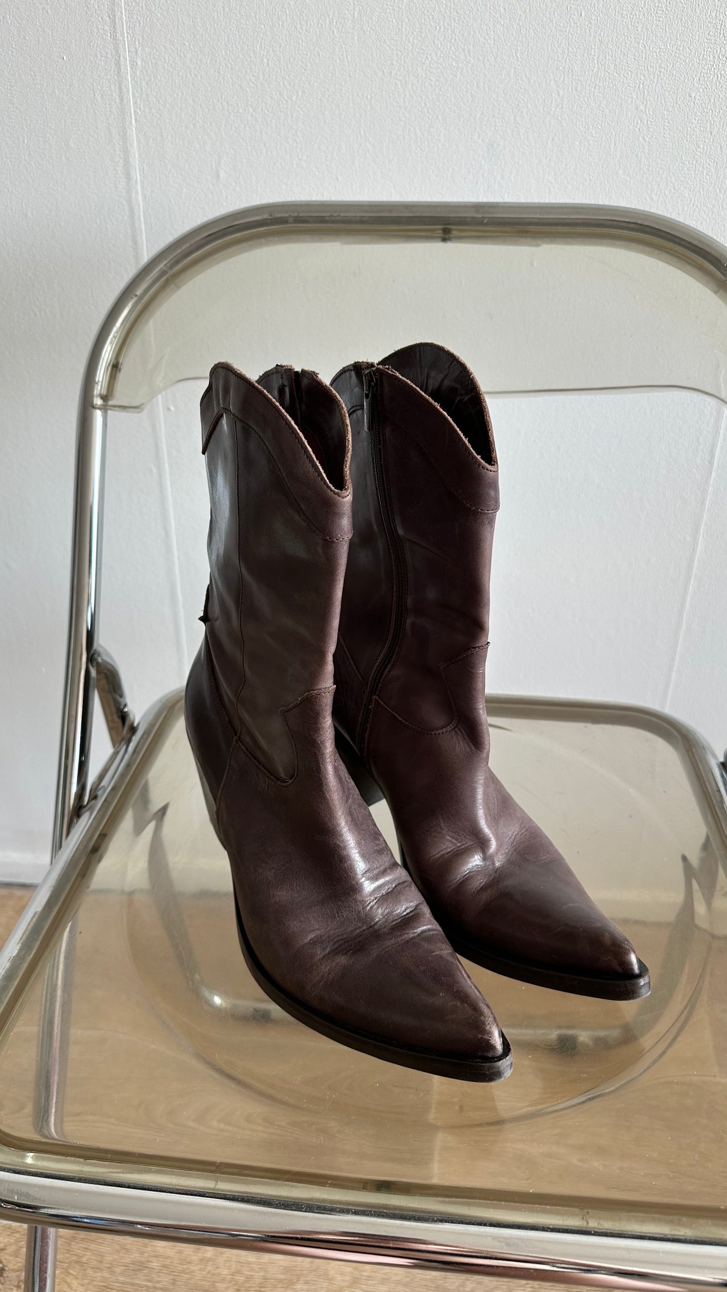 mid century modern walnut leather ankle boots in cowboy style