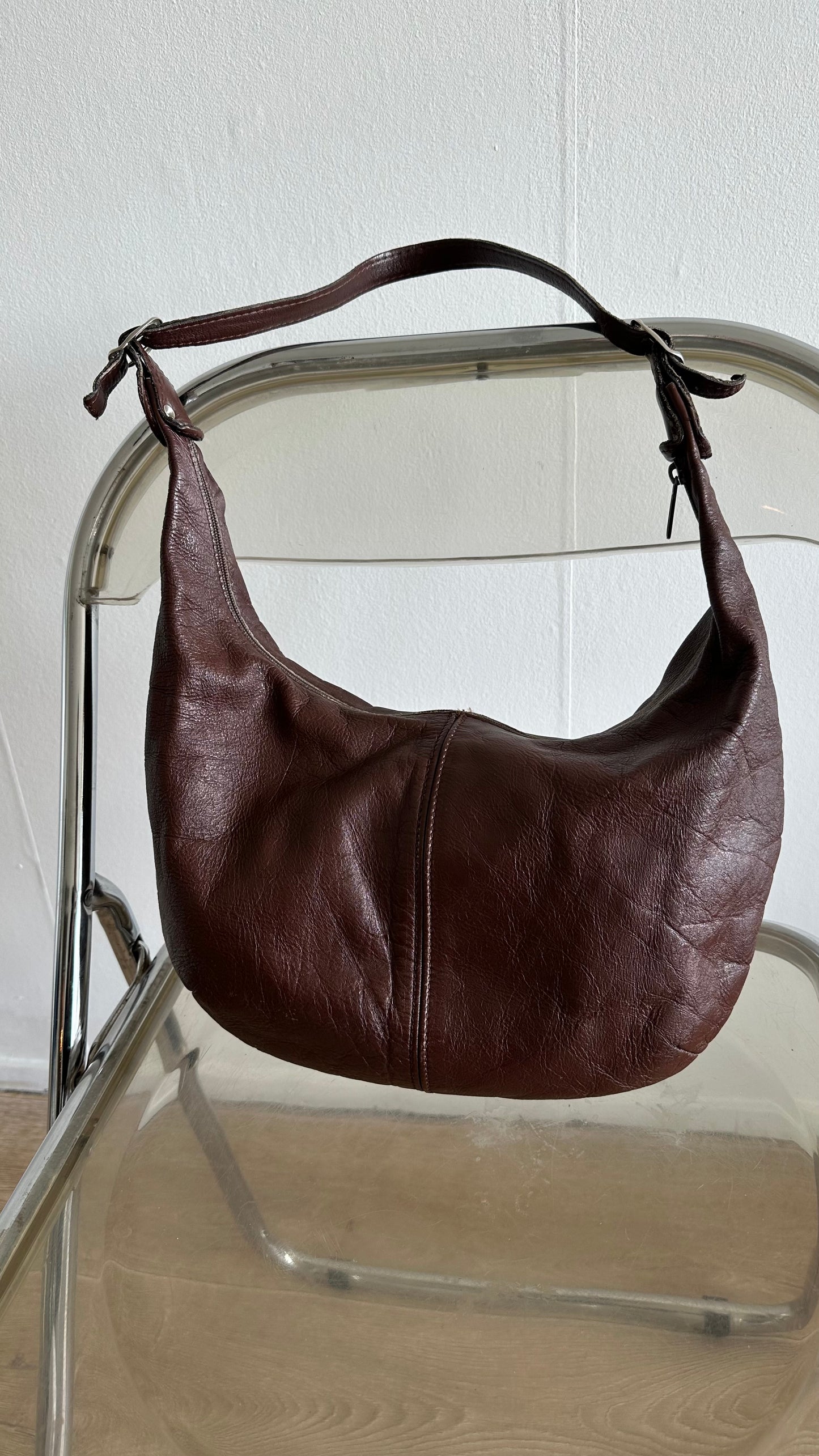 dark brown leather round vintage shoulder bag
