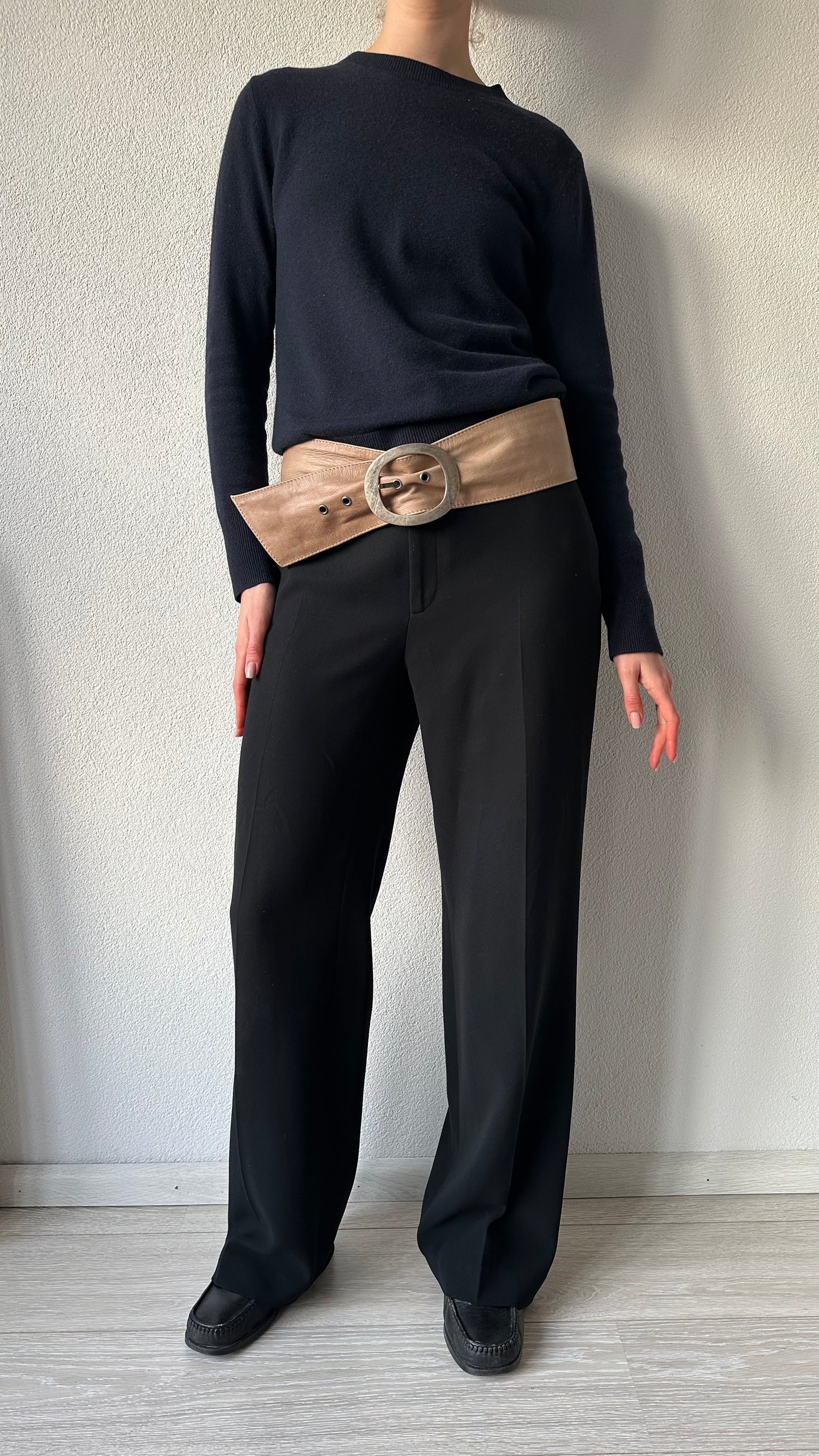 wide vintage leather belt beige