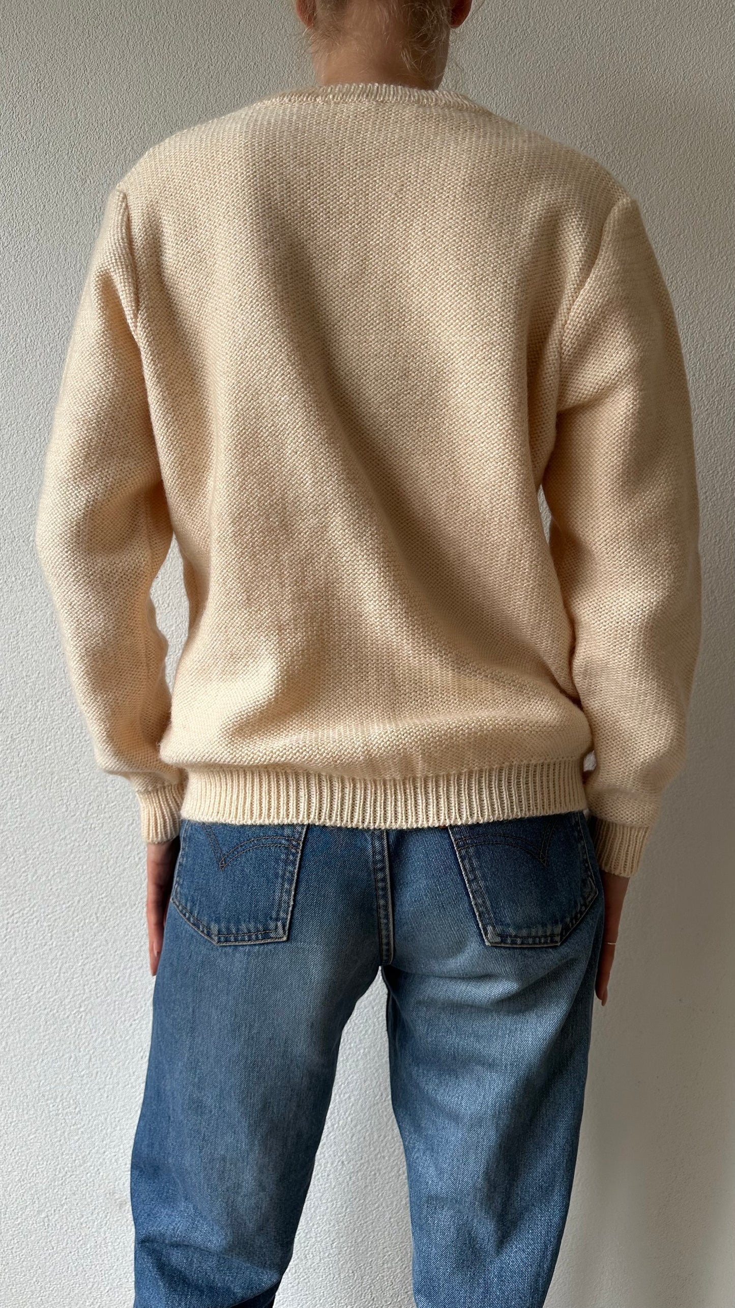 handmade soft pink and beige v-neck wool sweater