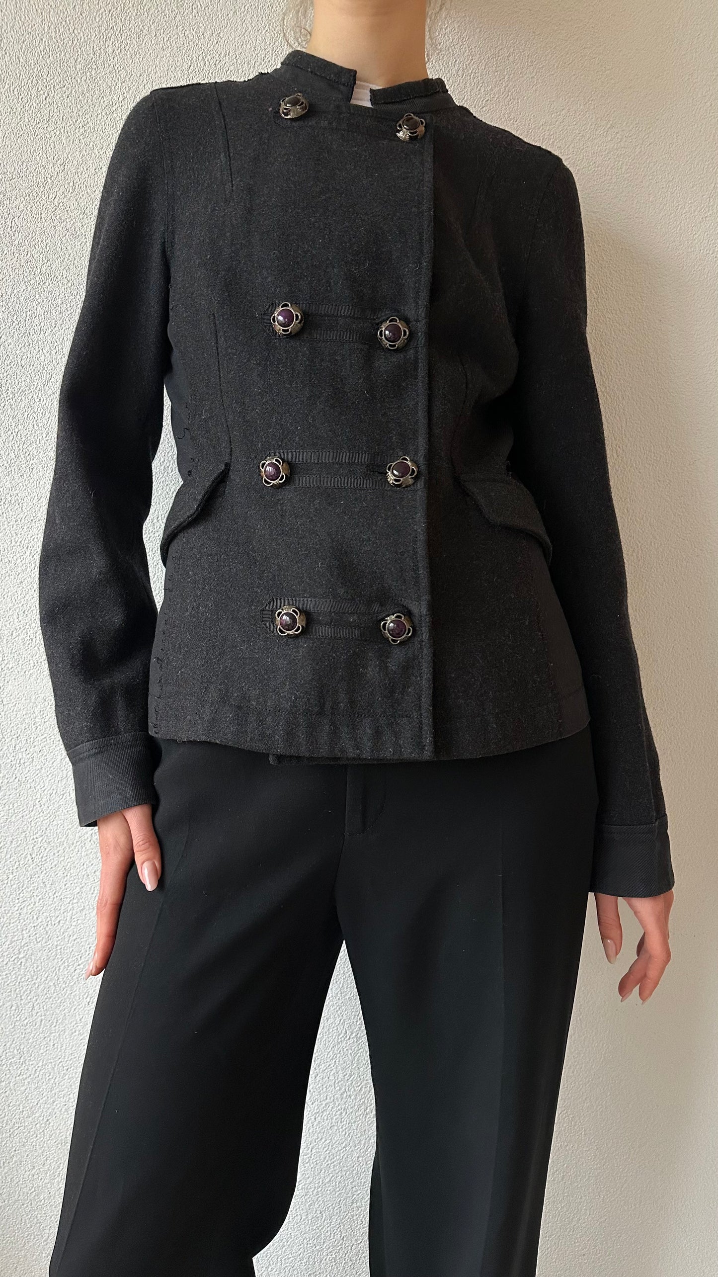grey military inspired wool jacket