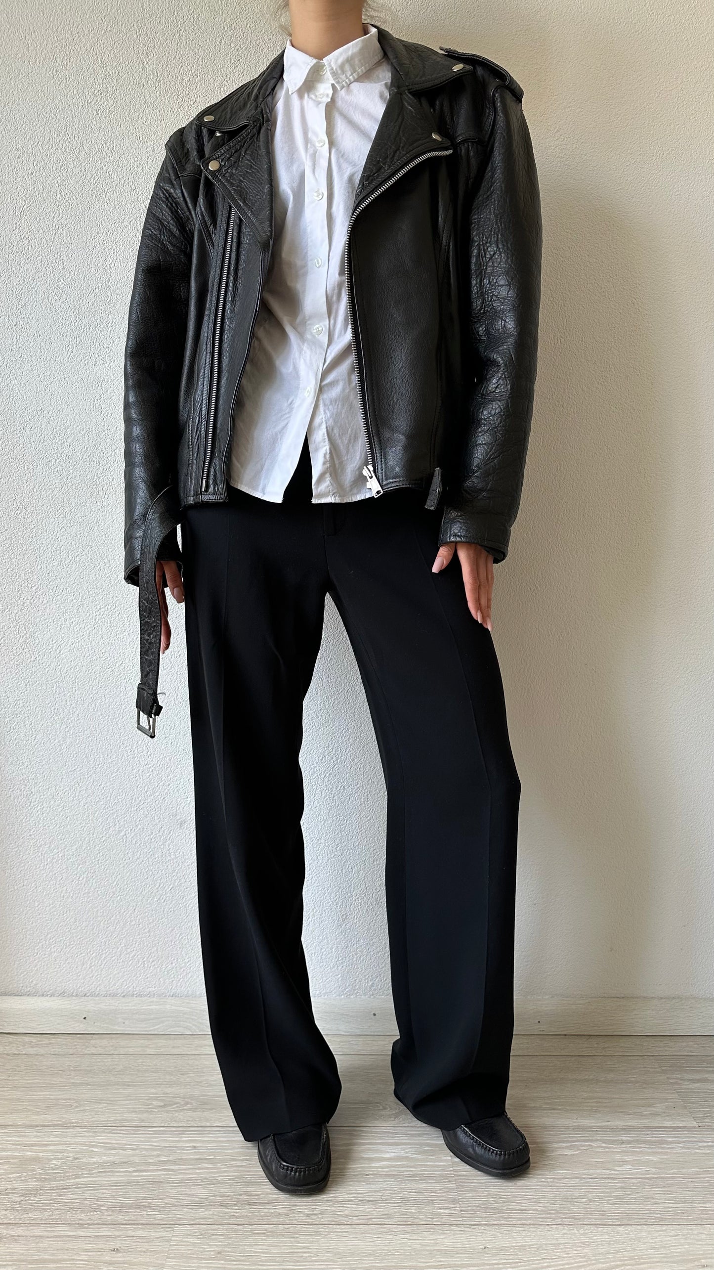 black leather vintage moto jacket