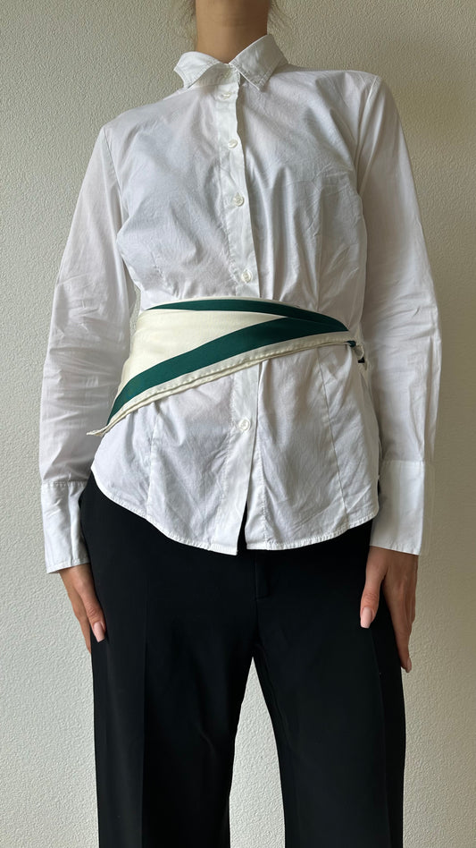 green and beige silk scarf