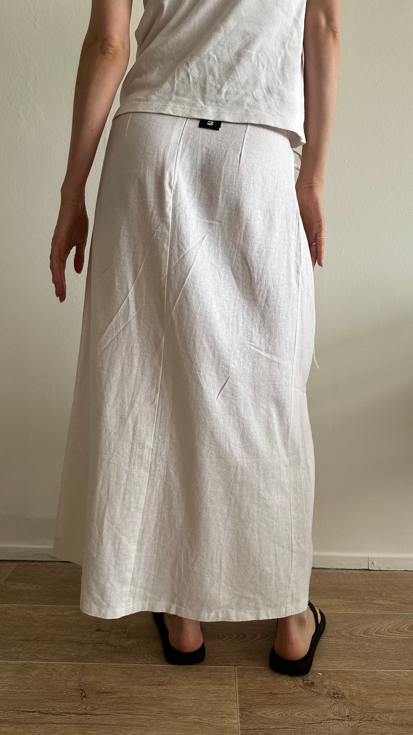 new white linen midi skirt