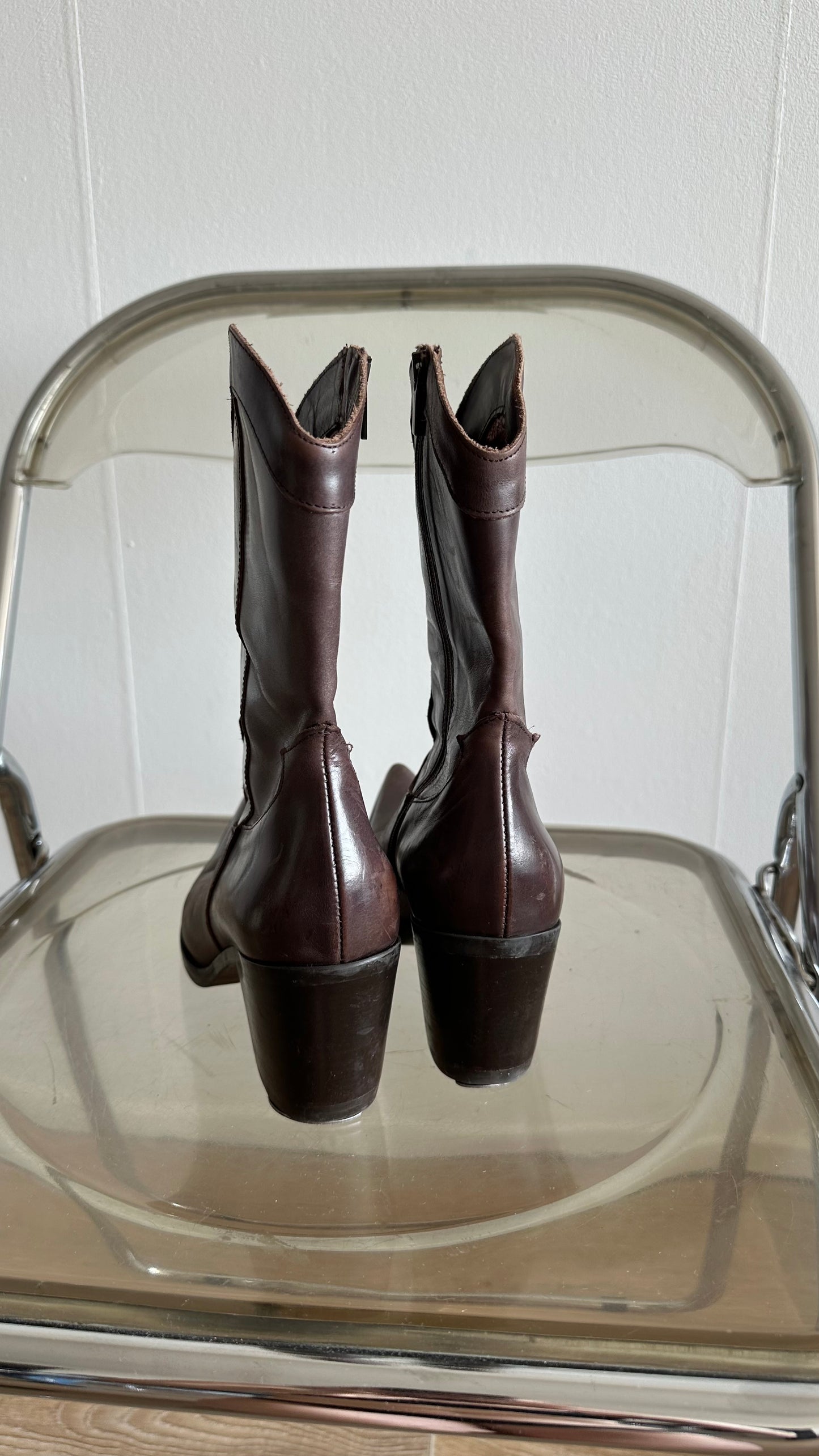 mid century modern walnut leather ankle boots in cowboy style