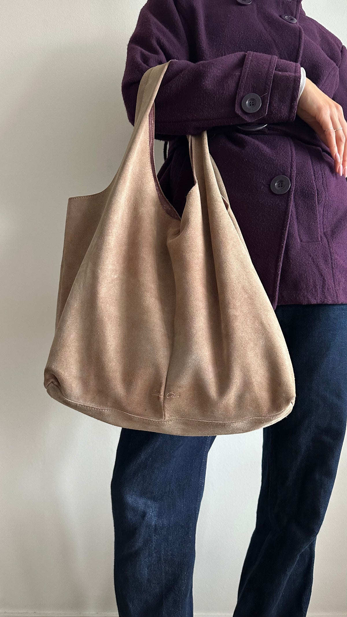 beige suede slouchy shoulderbag