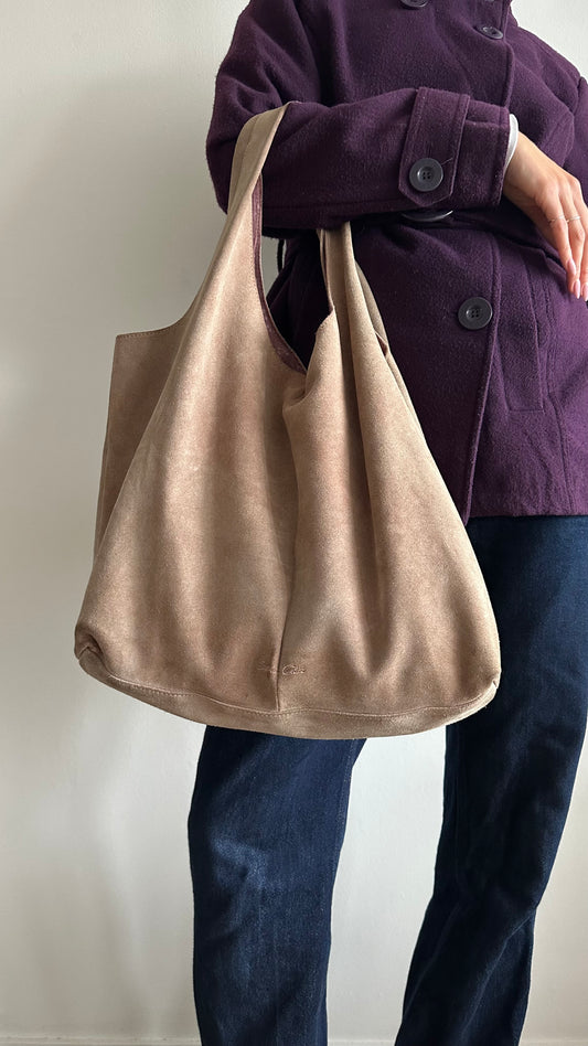 beige suede slouchy shoulderbag