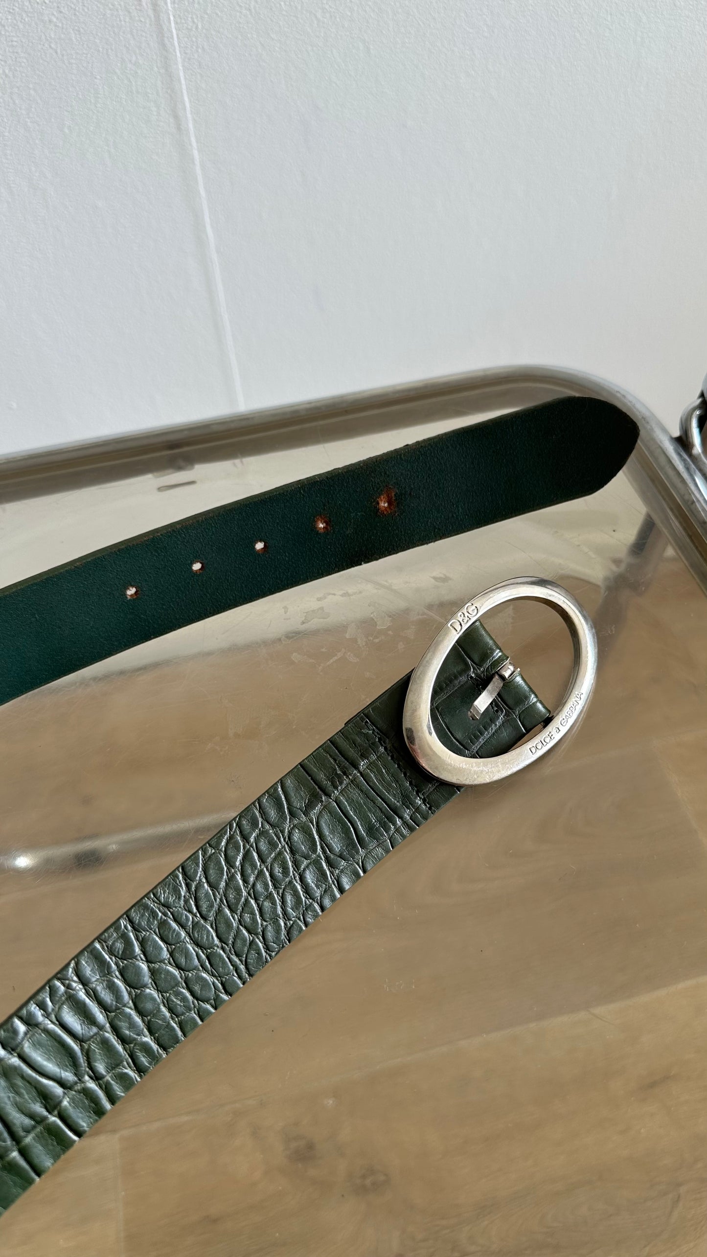 vintage green croco print D&G belt with silver buckle