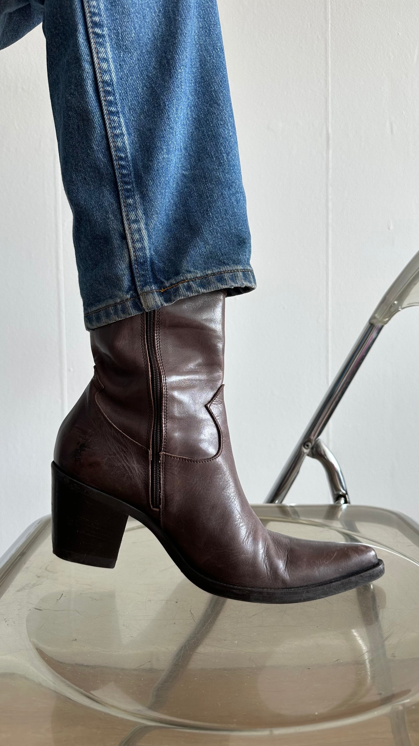 mid century modern walnut leather ankle boots in cowboy style