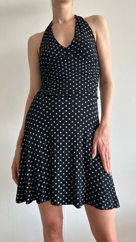 polkadot black halter dress