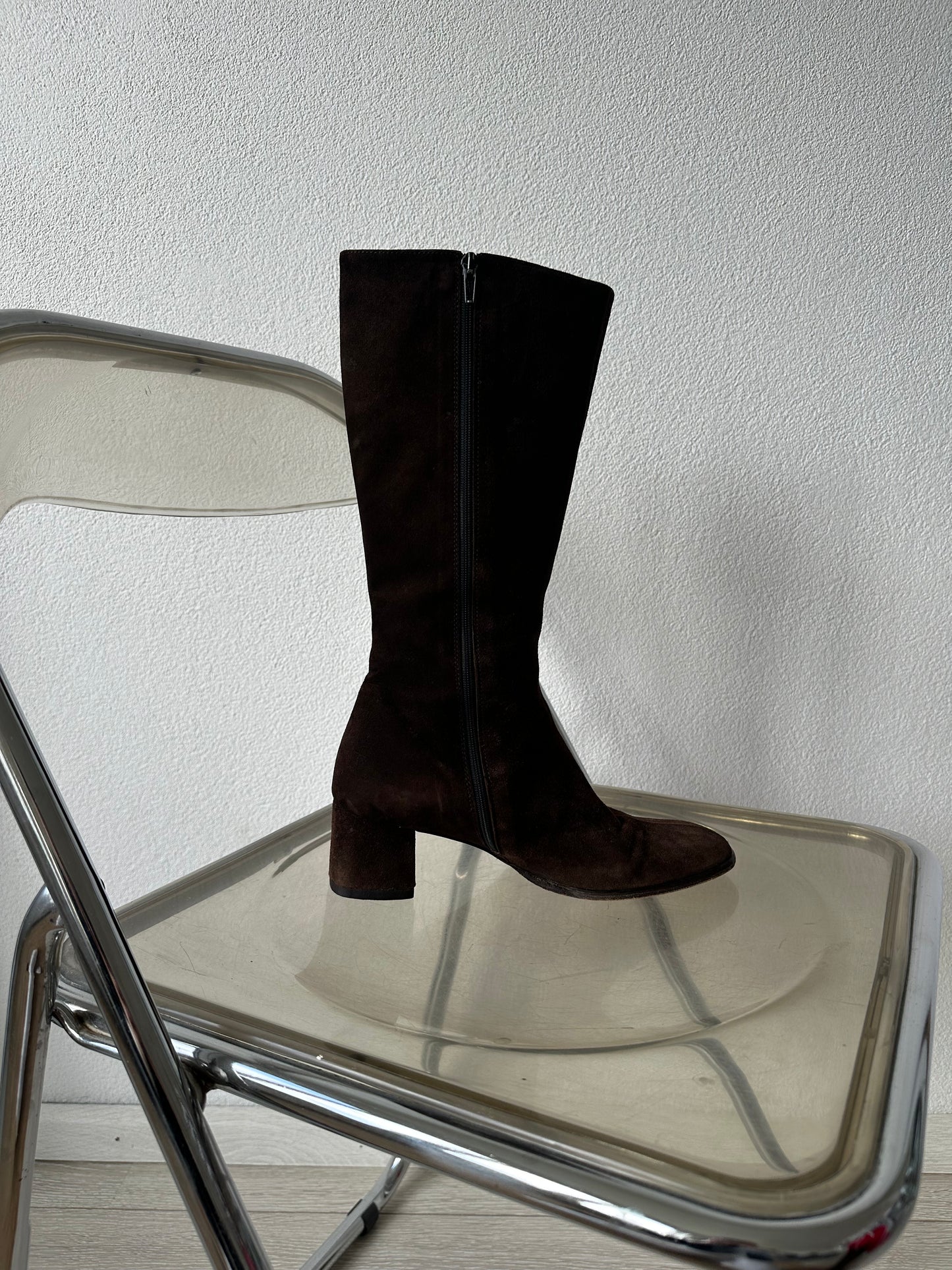 brown suede boots with inside zipper and block heel