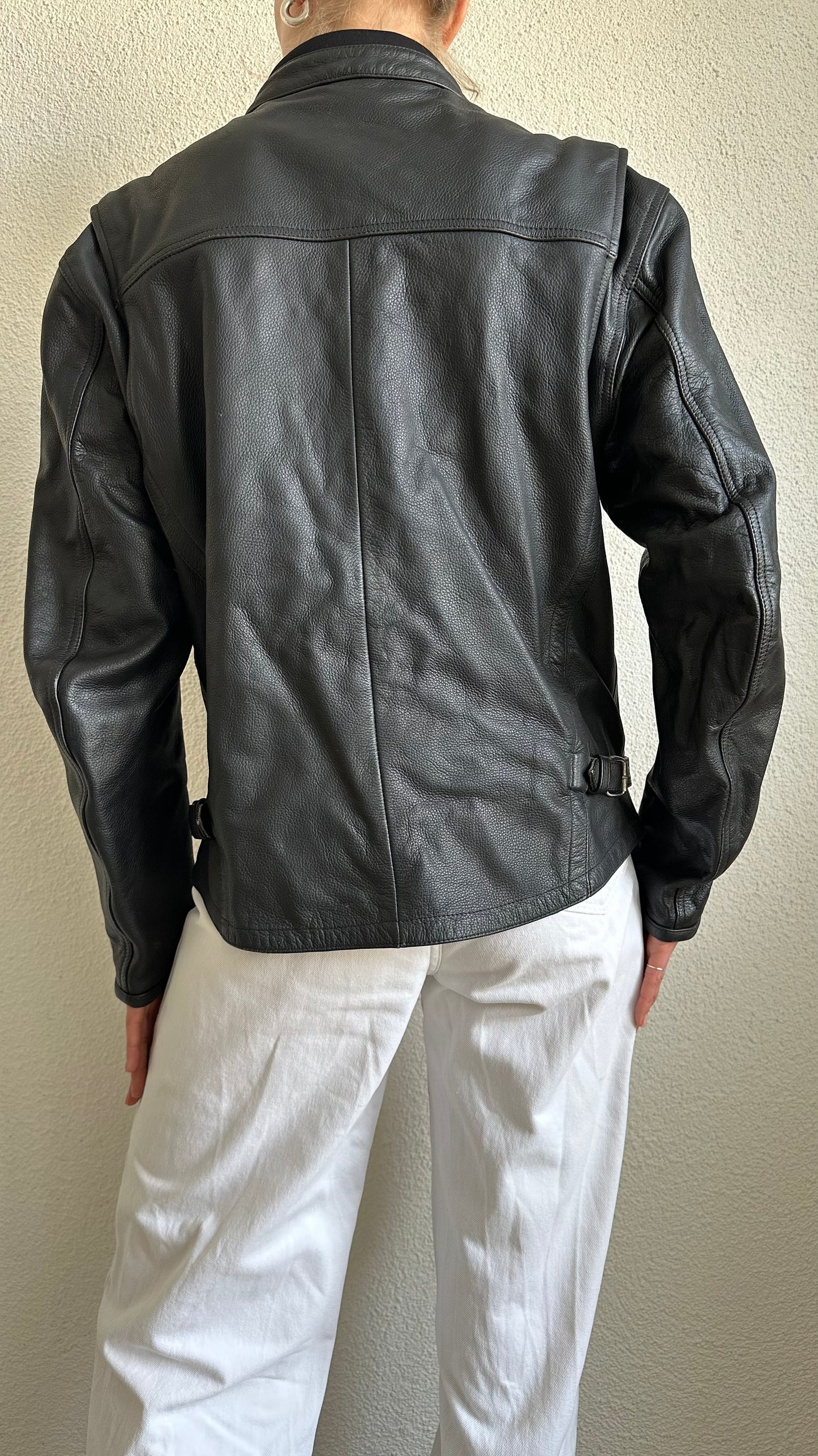 leather black and white race jacket