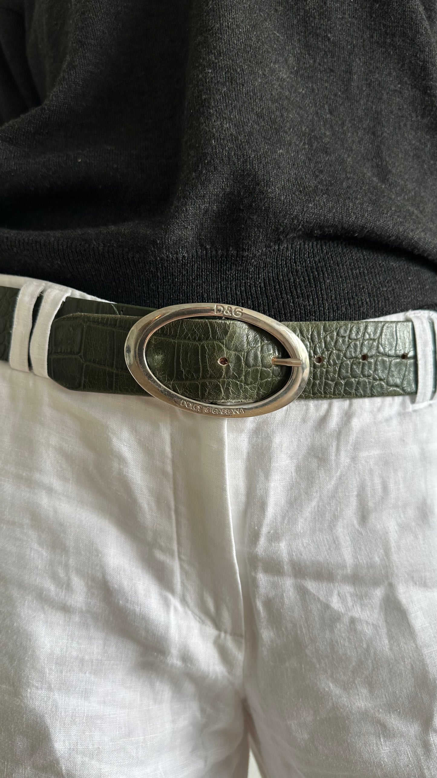 vintage green croco print D&G belt with silver buckle