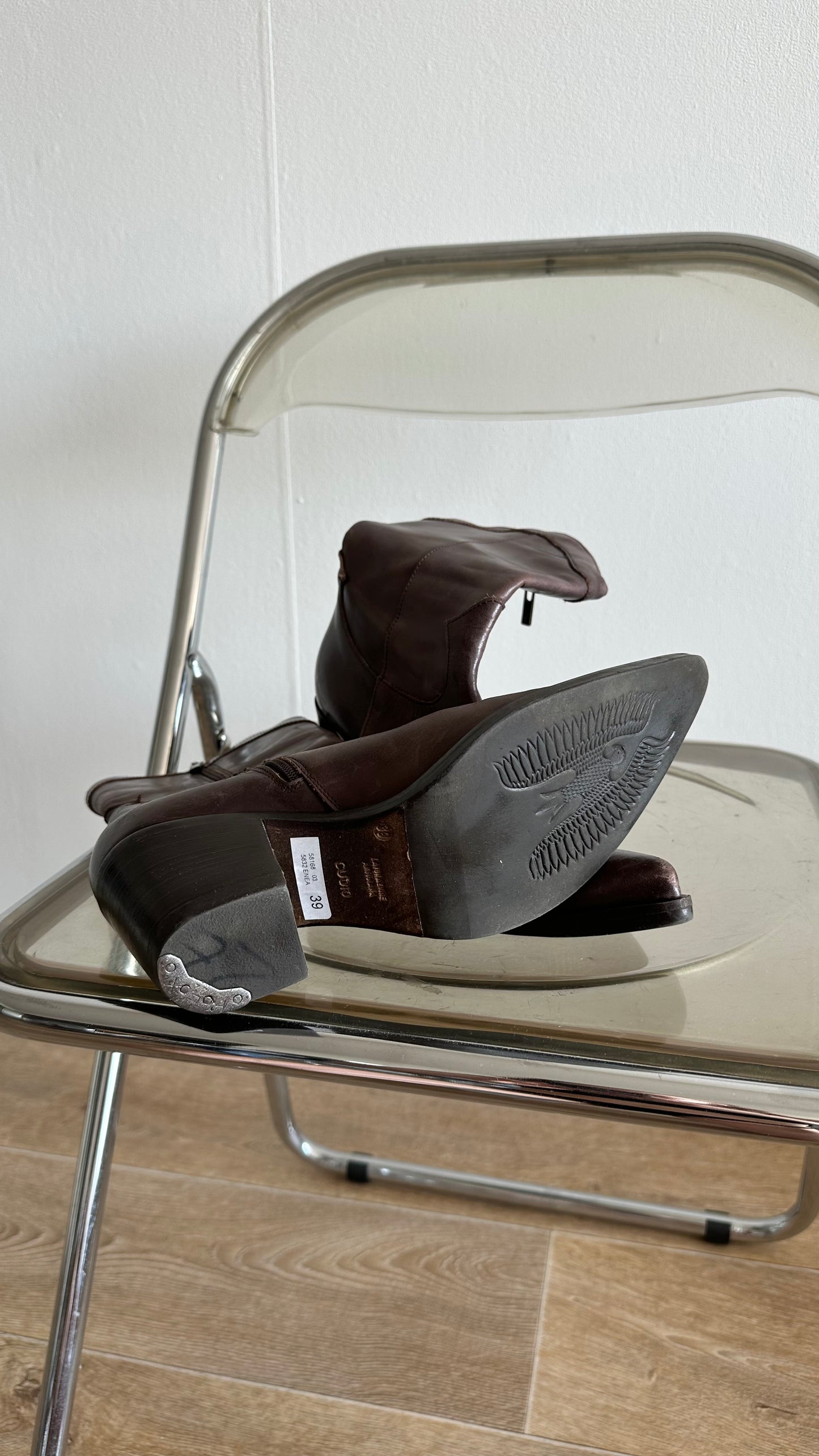mid century modern walnut leather ankle boots in cowboy style