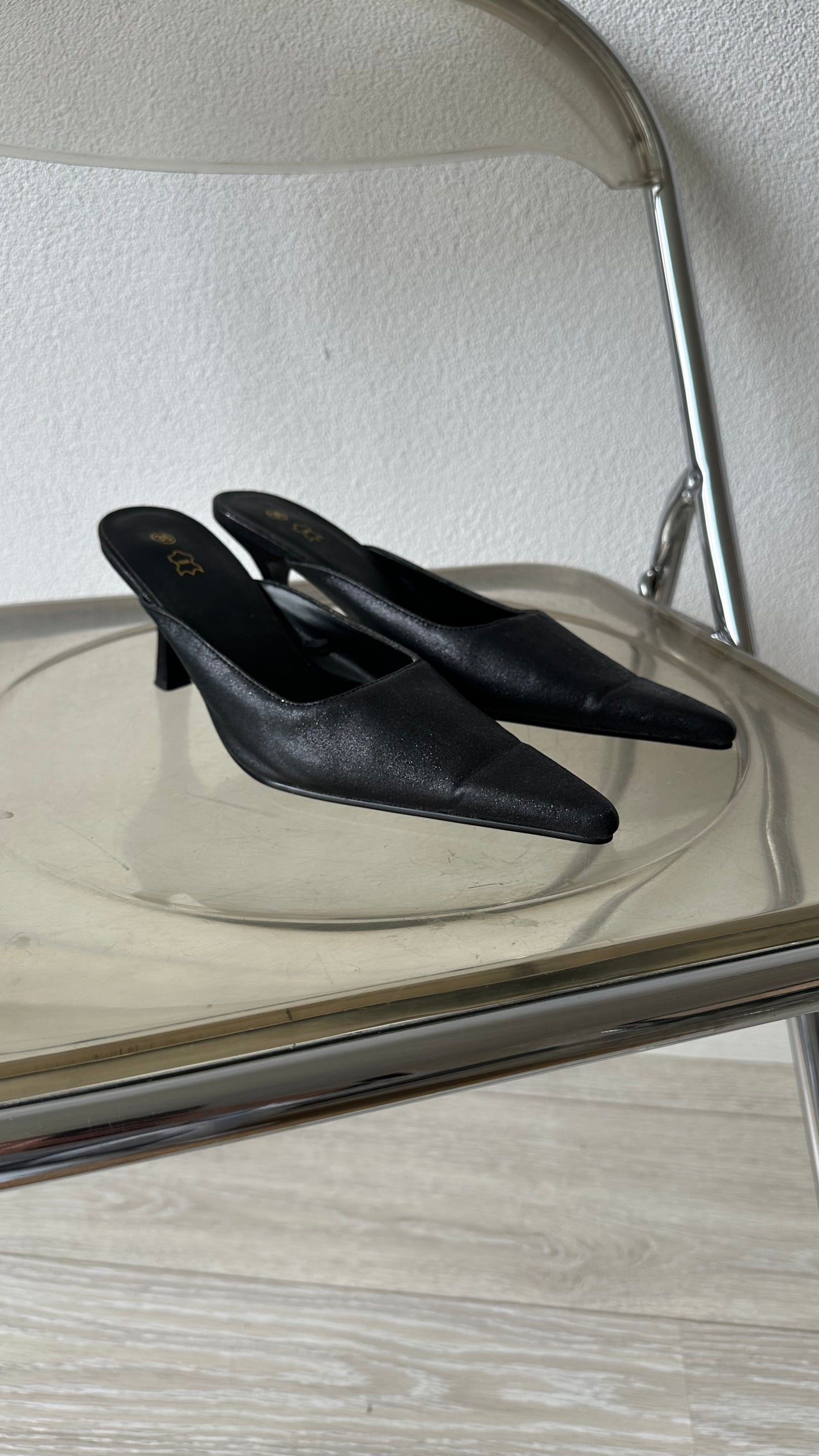 glitter black pointed toe slip-ins heels