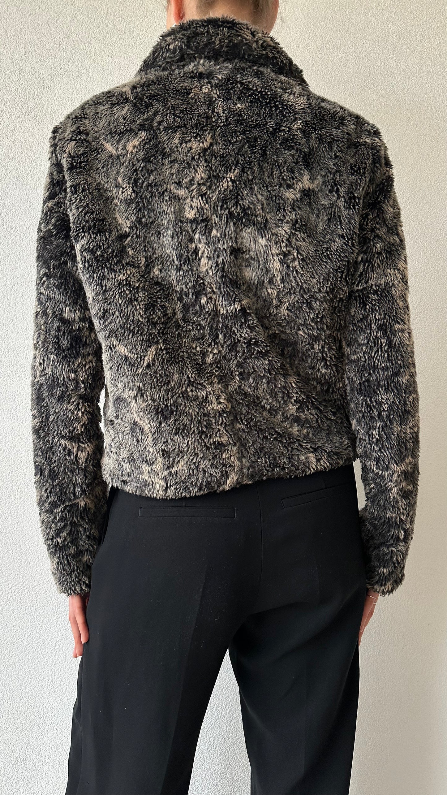 cropped faux fur coat in mingled grey and black