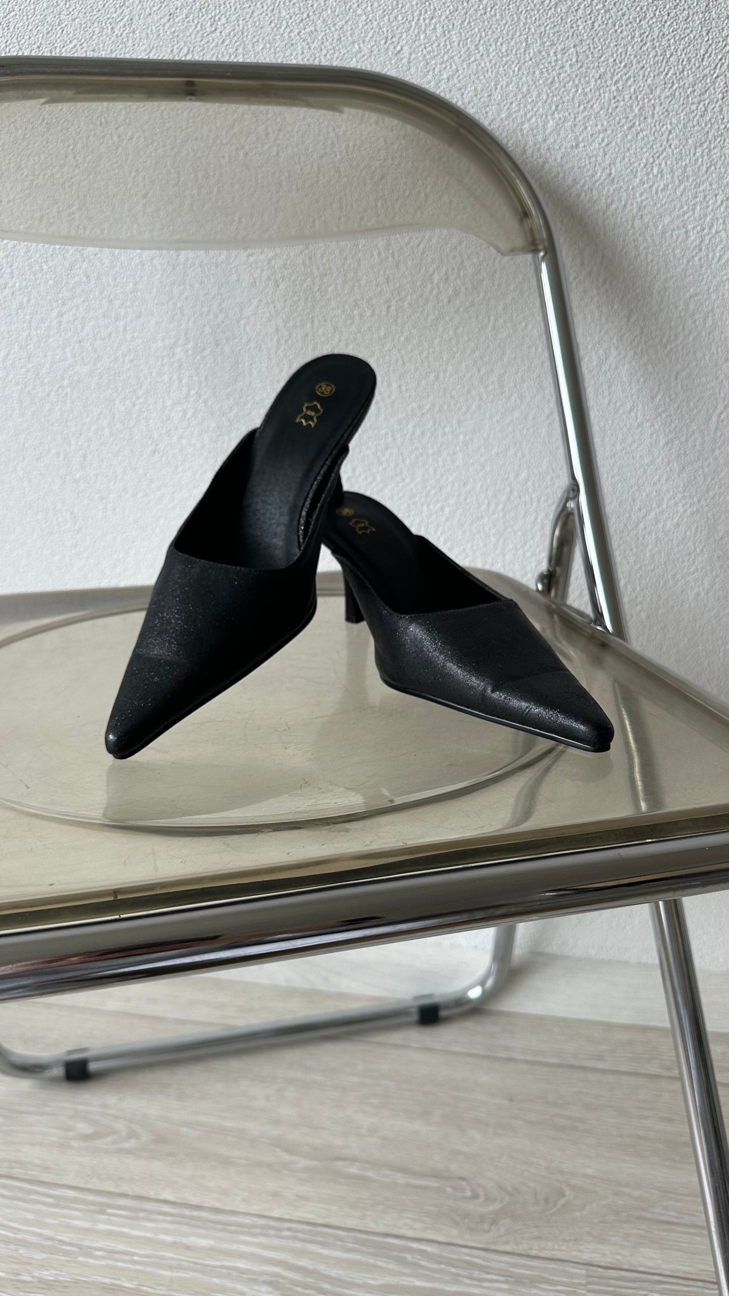 glitter black pointed toe slip-ins heels