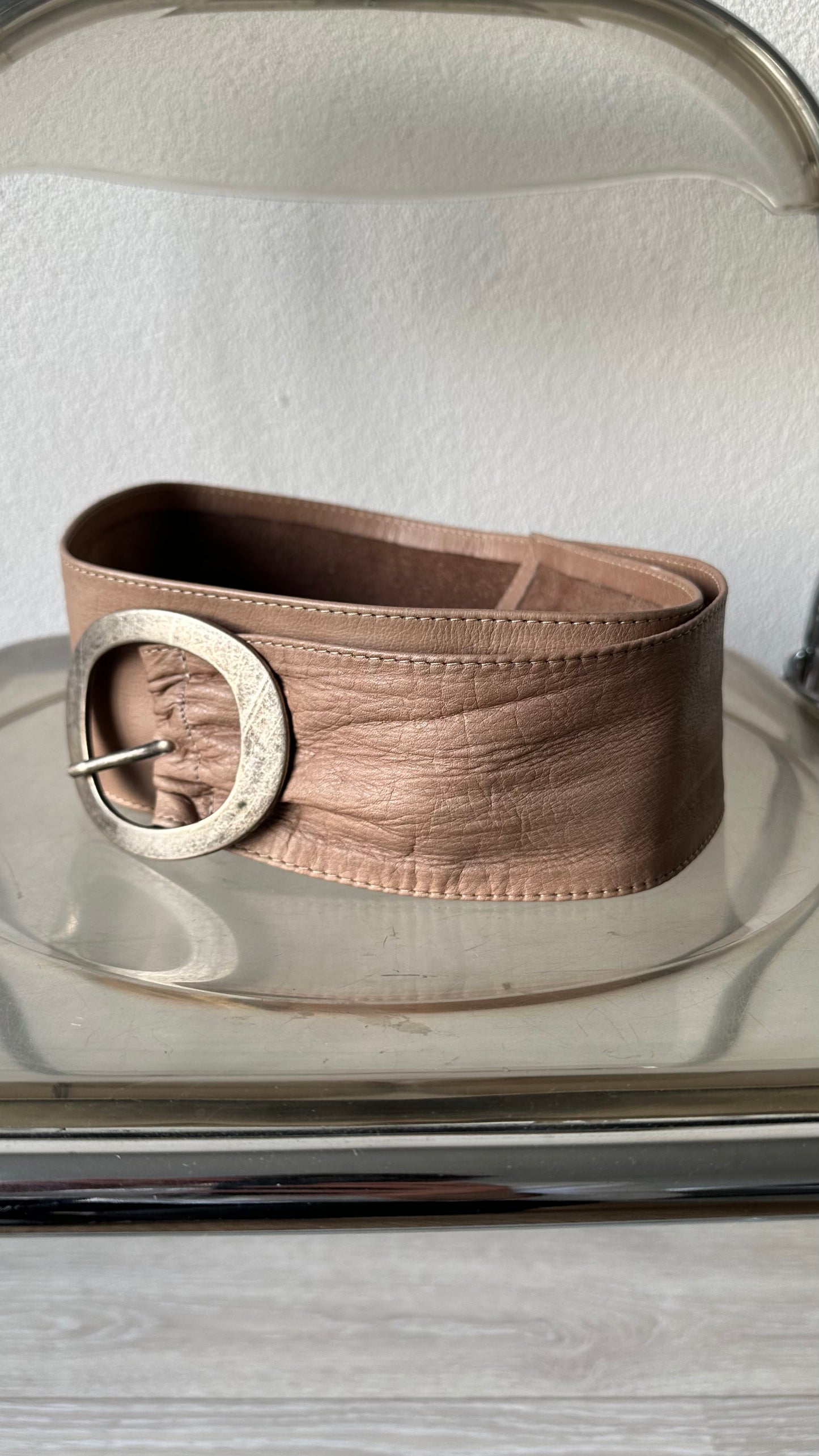 wide vintage leather belt beige