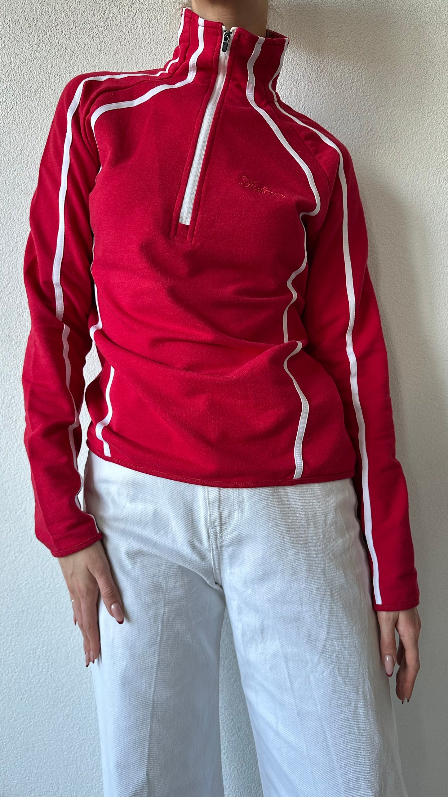 red Falcon zip up skirt and sweater with white lines