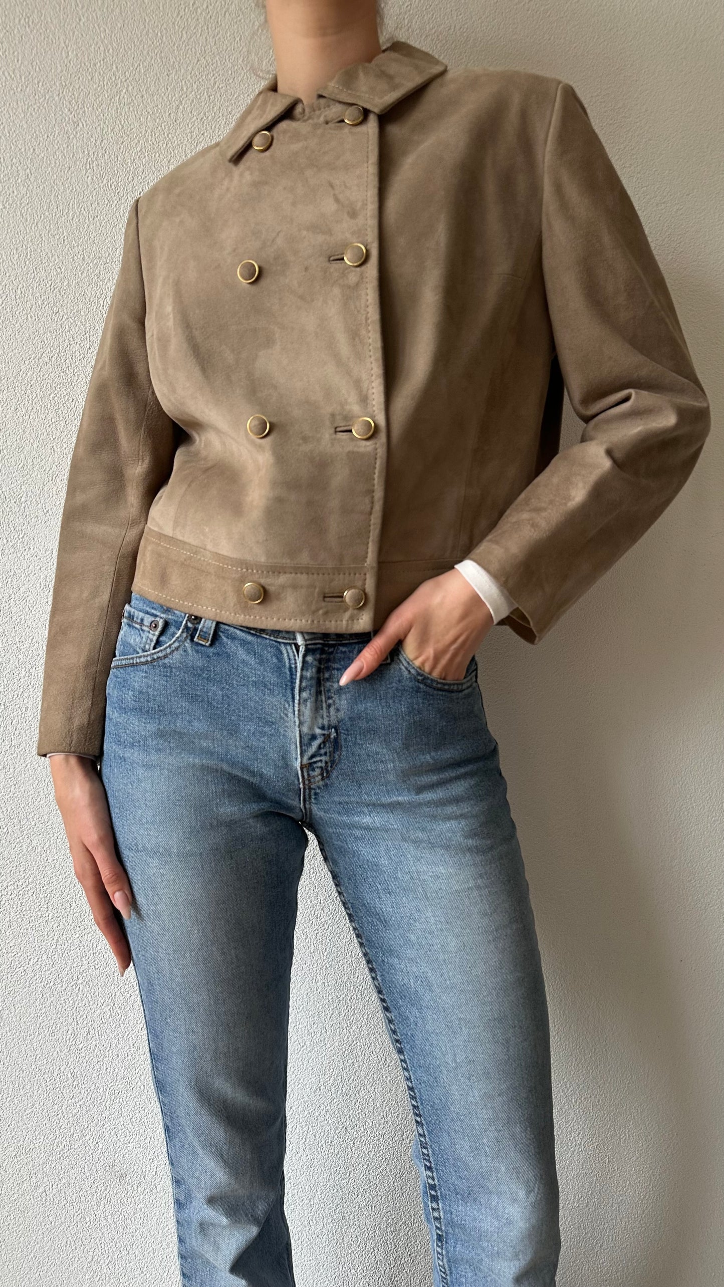cropped suede look double breasted vintage jacket