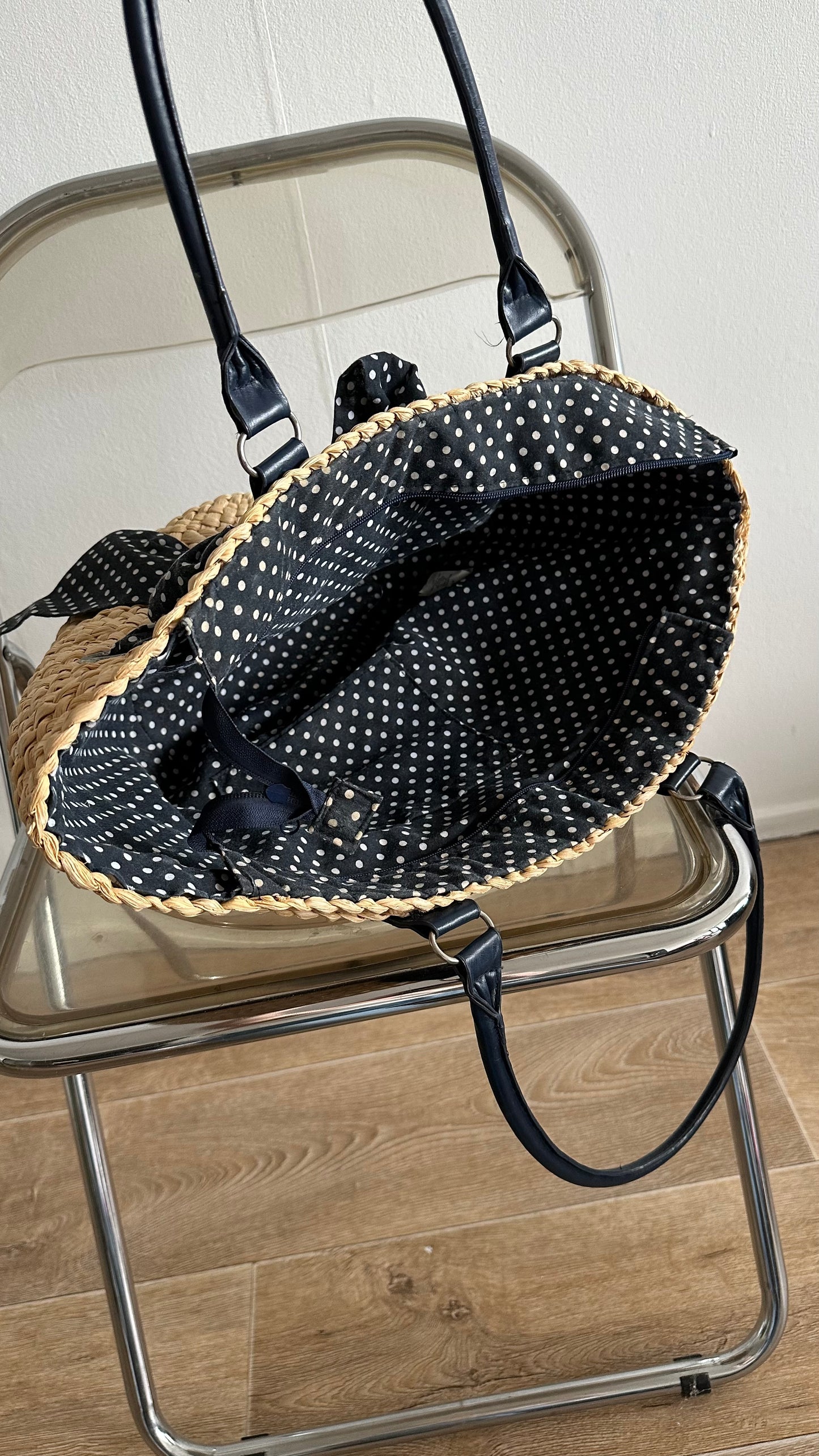 blue polka dot straw basket bag