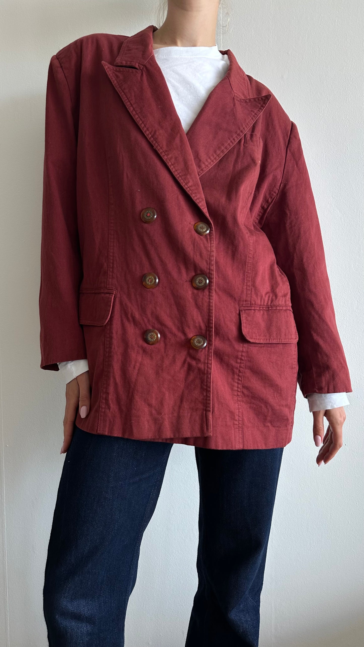 red denim burgundy suit