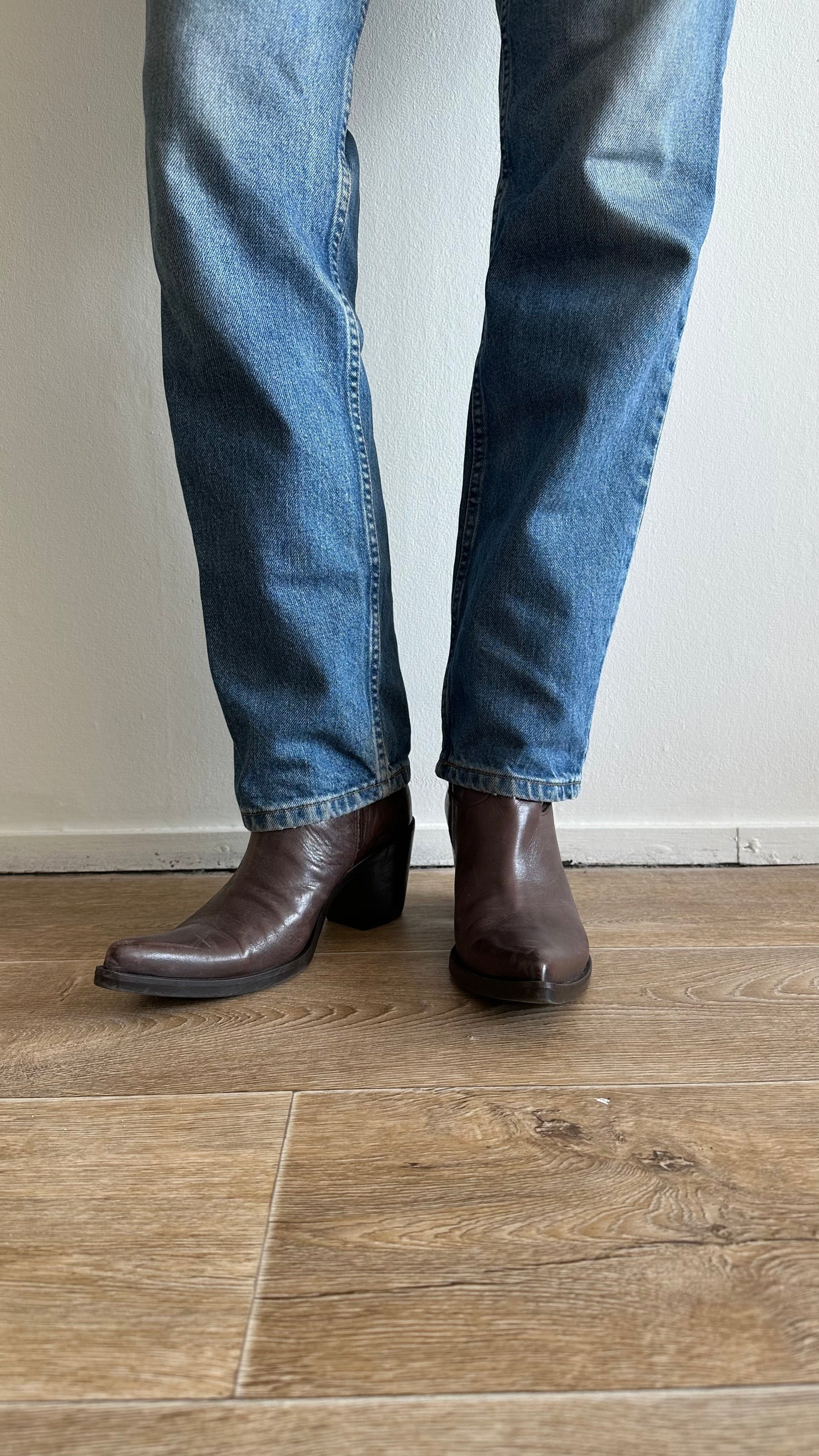 mid century modern walnut leather ankle boots in cowboy style