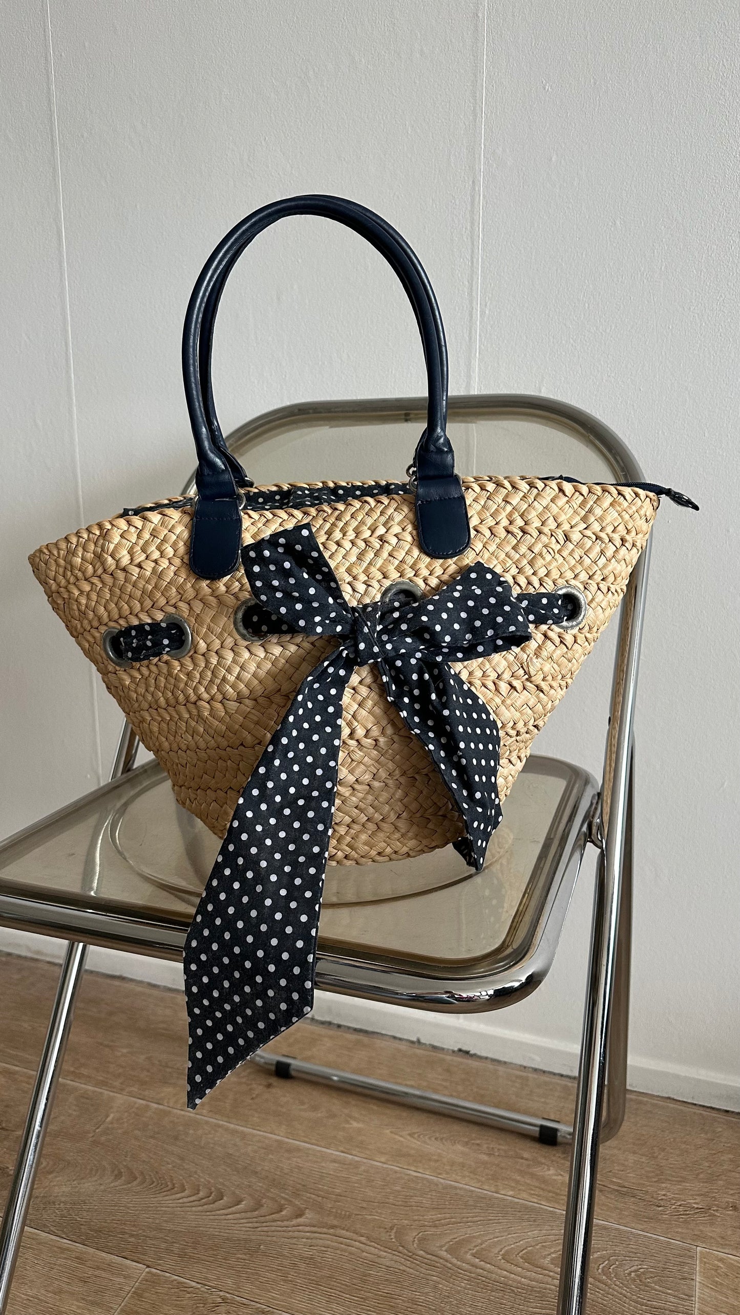blue polka dot straw basket bag