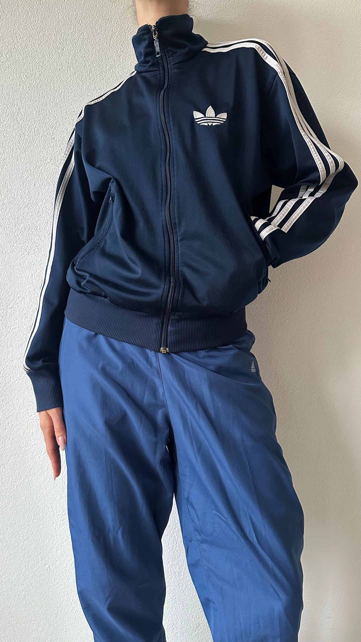 zip-up adidas cardigan dark blue with white details