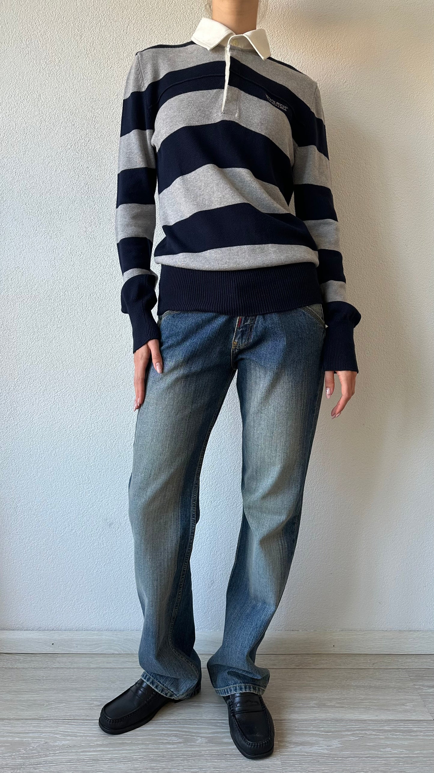 striped grey and blue knitted Woolrich longsleeve polo
