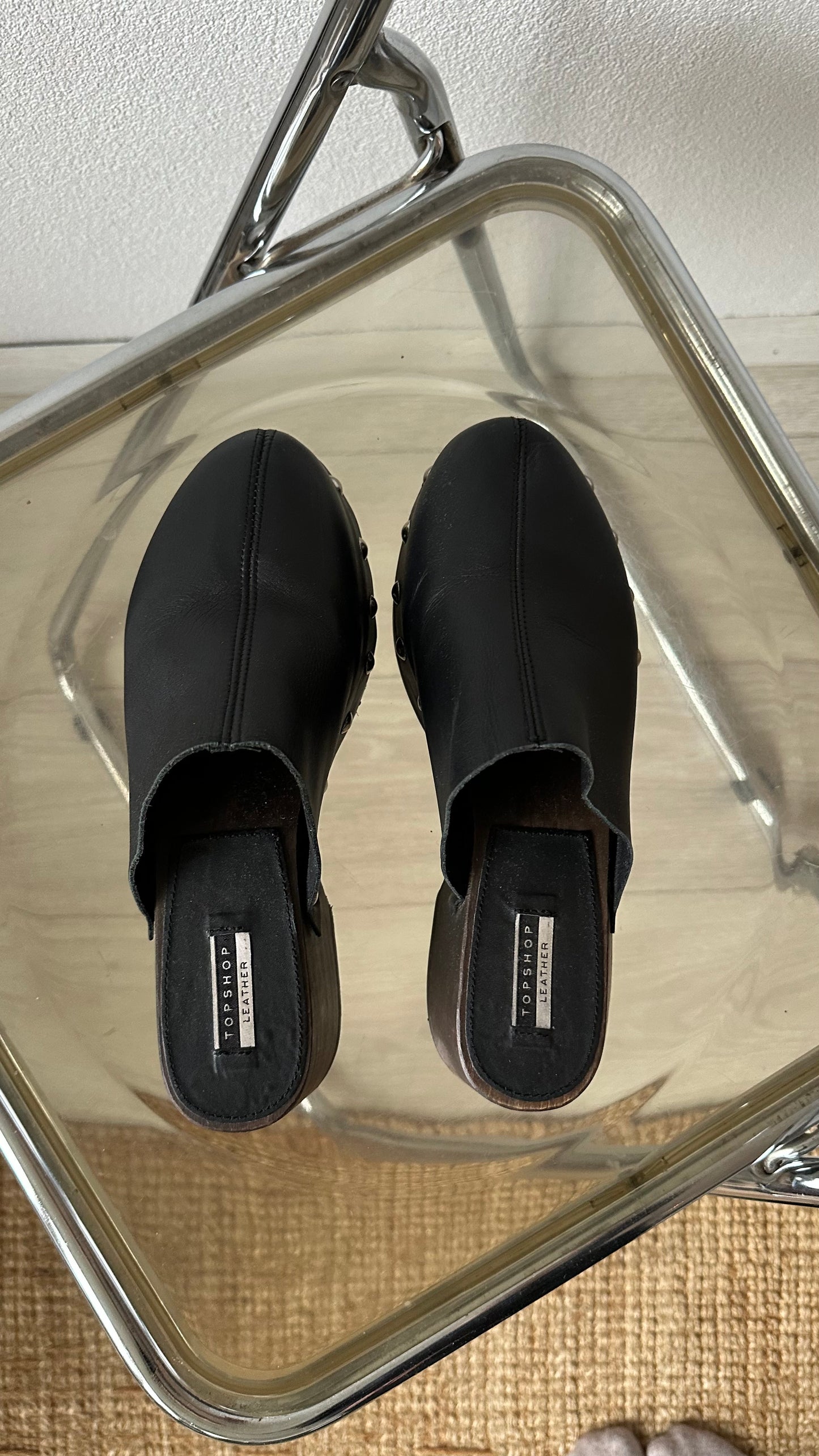 black leather mules studs clogs block heel