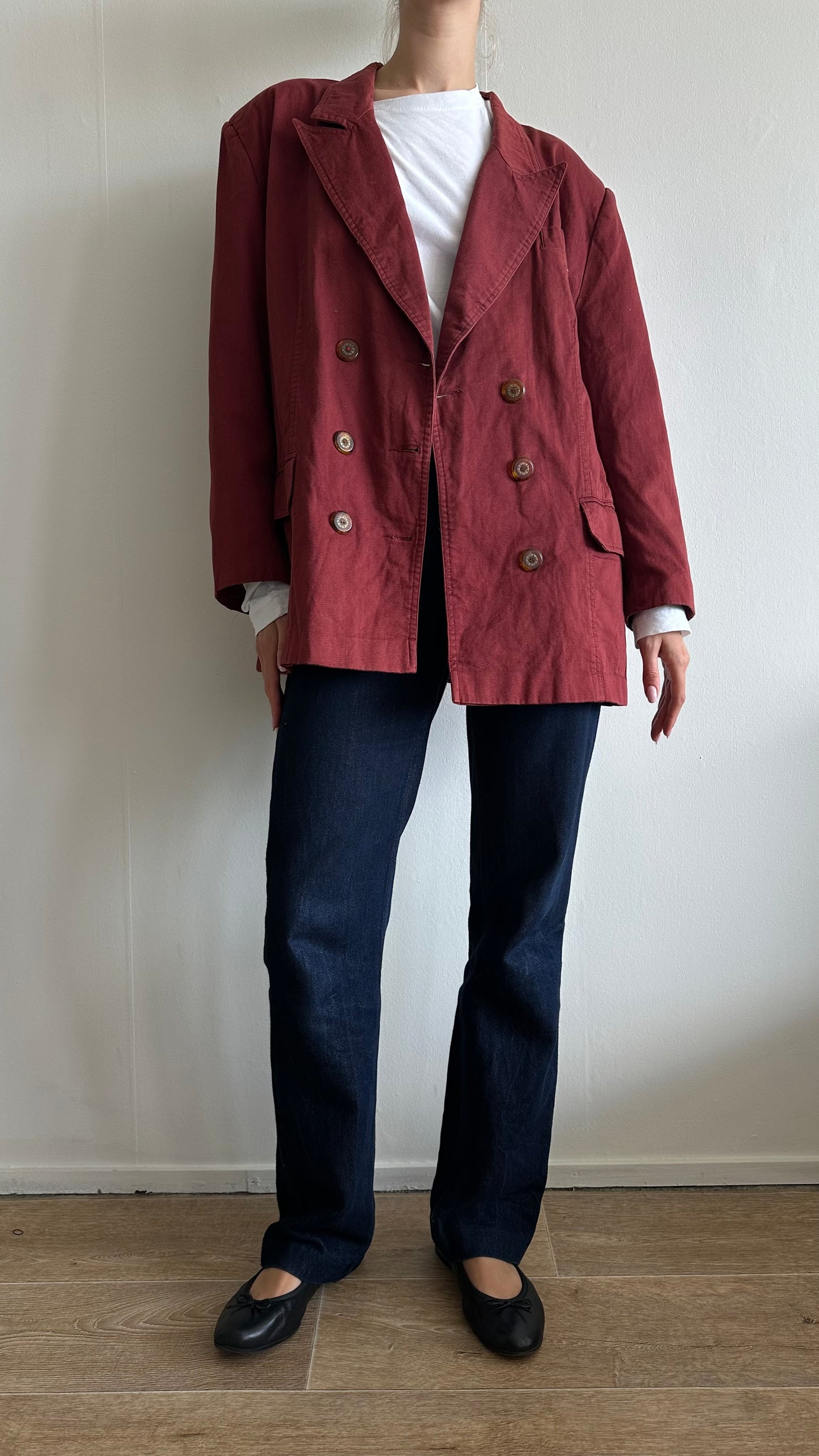 red denim burgundy suit