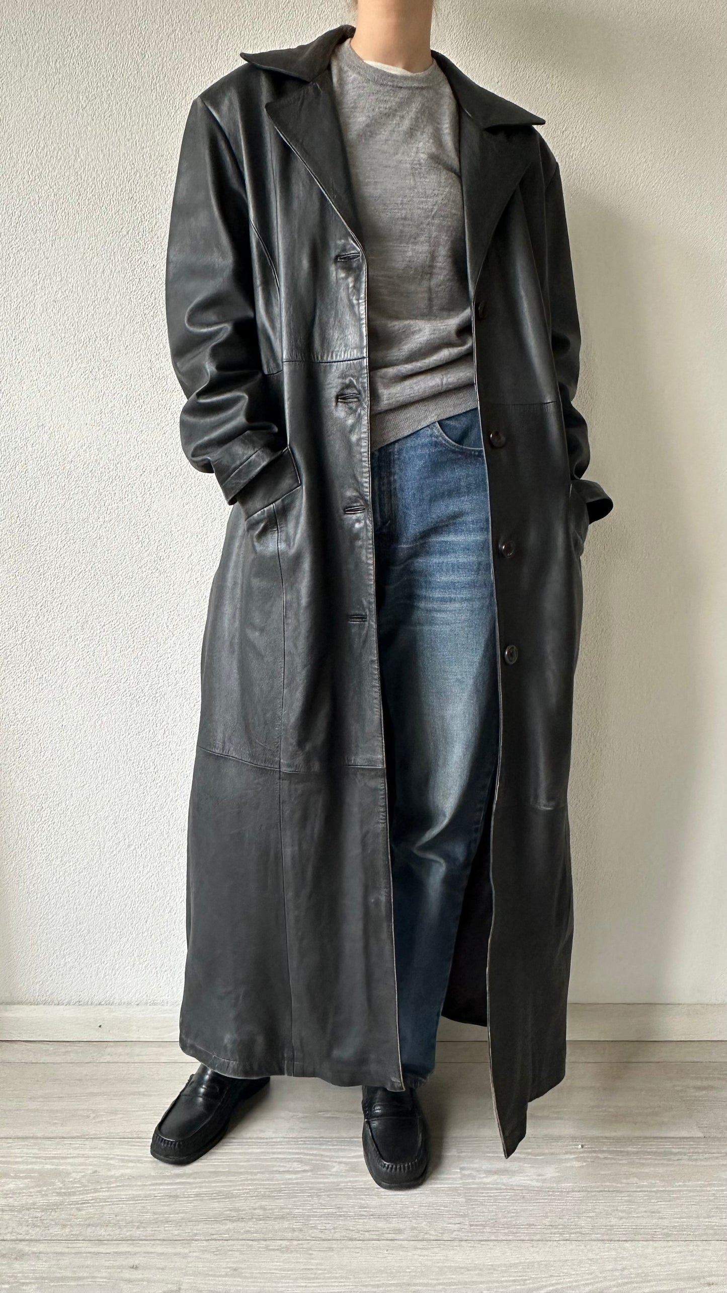 vintage matrix black long leather coat