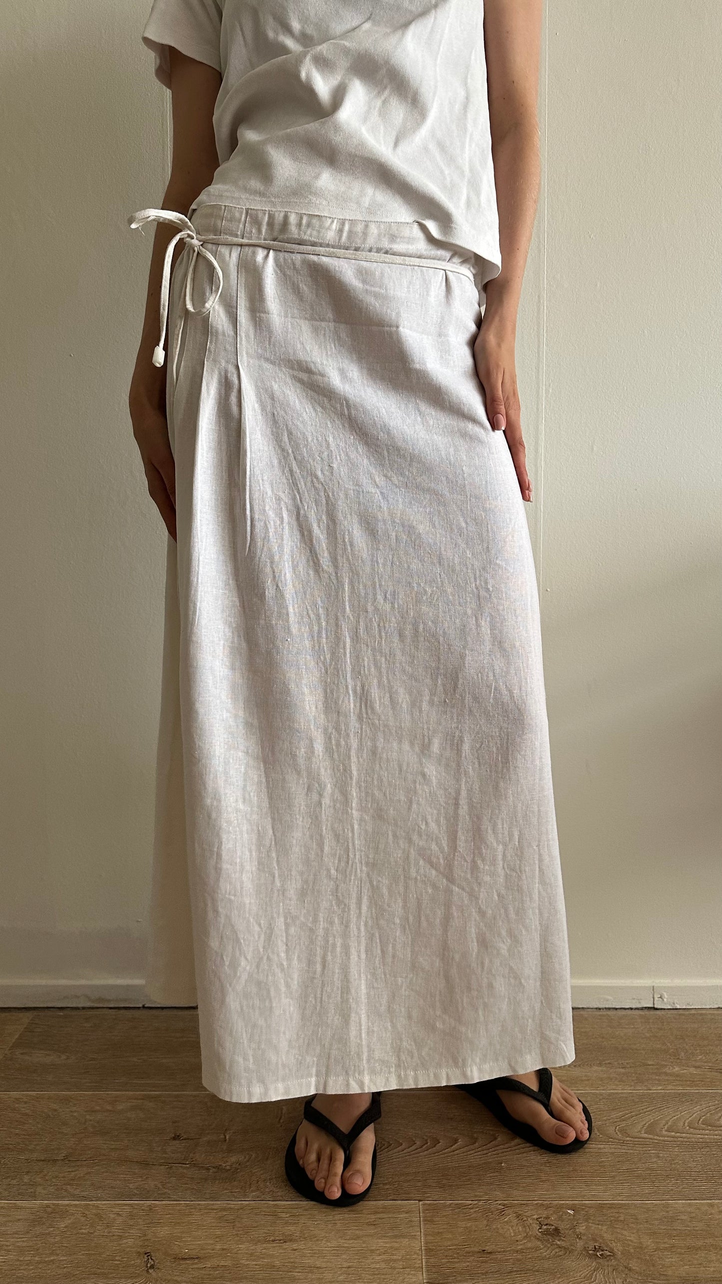 new white linen midi skirt