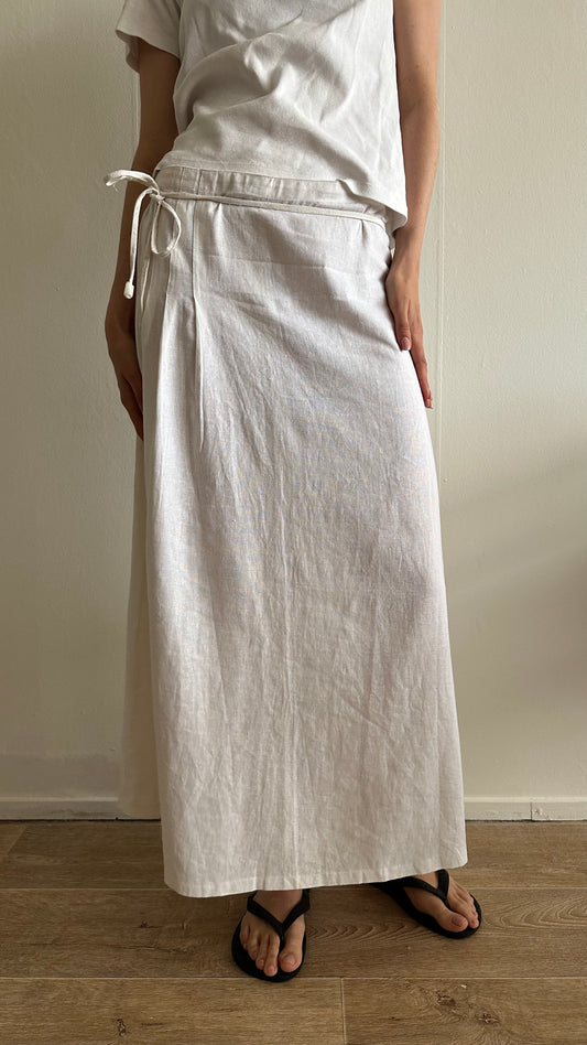 new white linen midi skirt