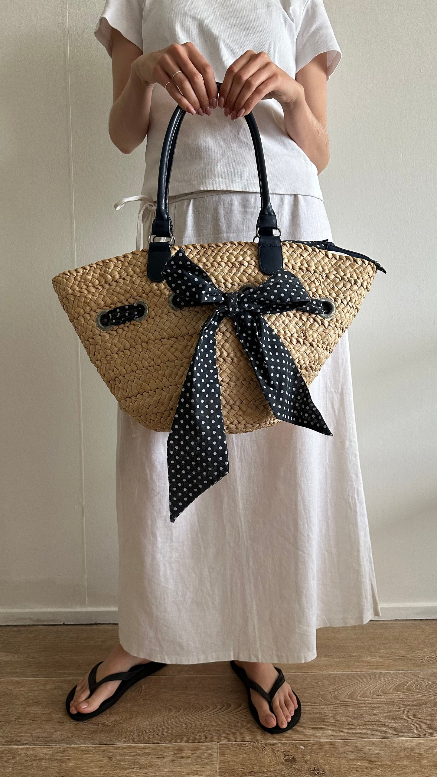 blue polka dot straw basket bag